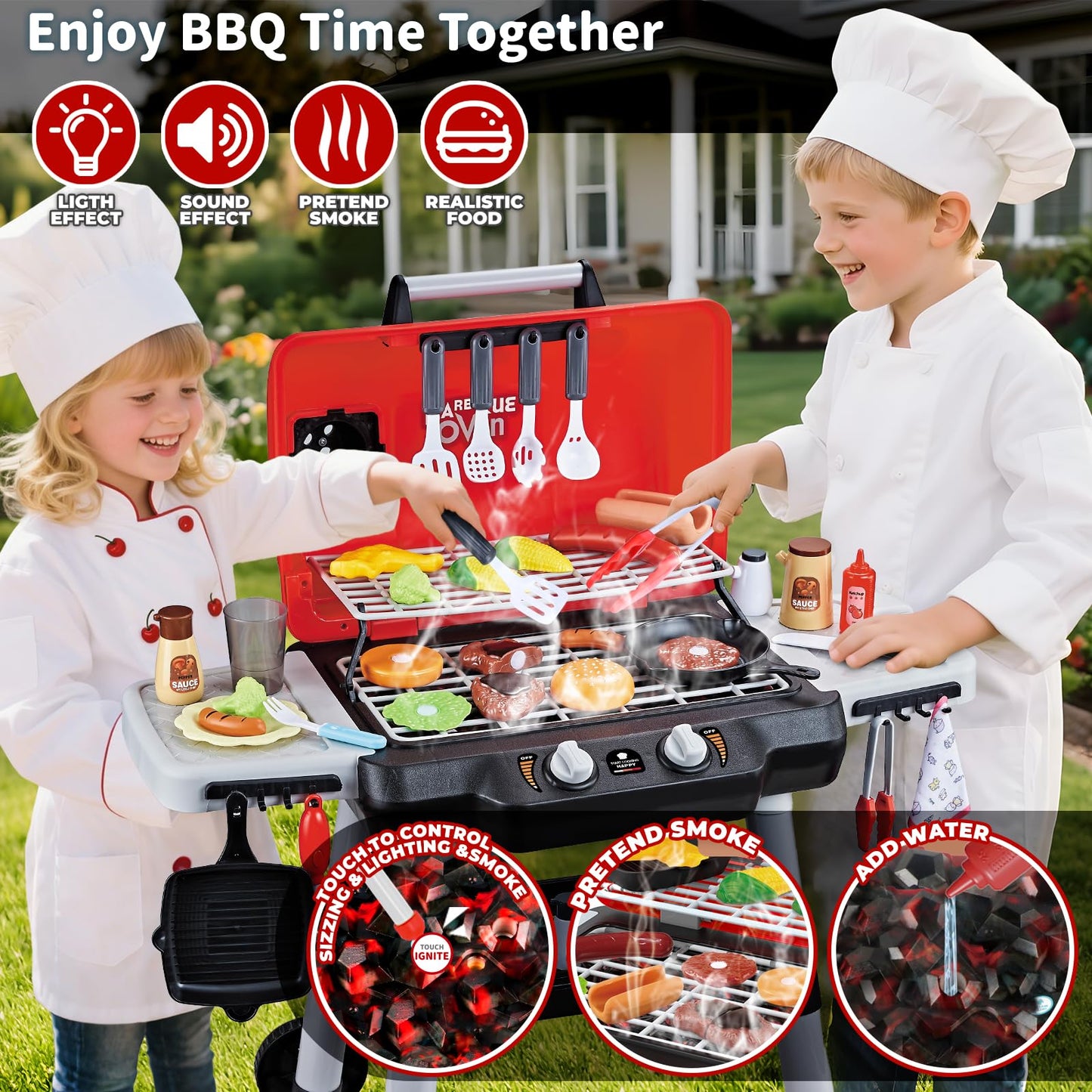 Kids Play Kitchen Toys, Kids BBQ Grill Playset with Smoke Sound Light, 2-Layer Barbecue Toy with Wheel, Outdoor Play Grill Toys for Toddlers 3-5, Play Food Toys Cooking Set, Birthday Gift for Boy Girl