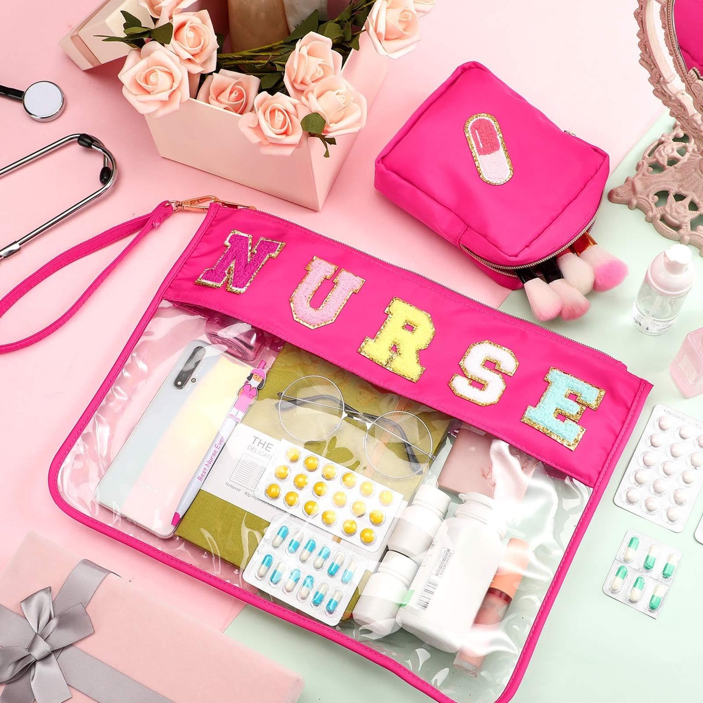 Hillban 2 Pcs Nurse Week Gift Makeup Cosmetic Bag Nurse Appreciation Gift for Women Clear Chenille Letter Bag Toiletry Zipper Pouch Waterproof Travel Purse Survival Kit Medical Accessories