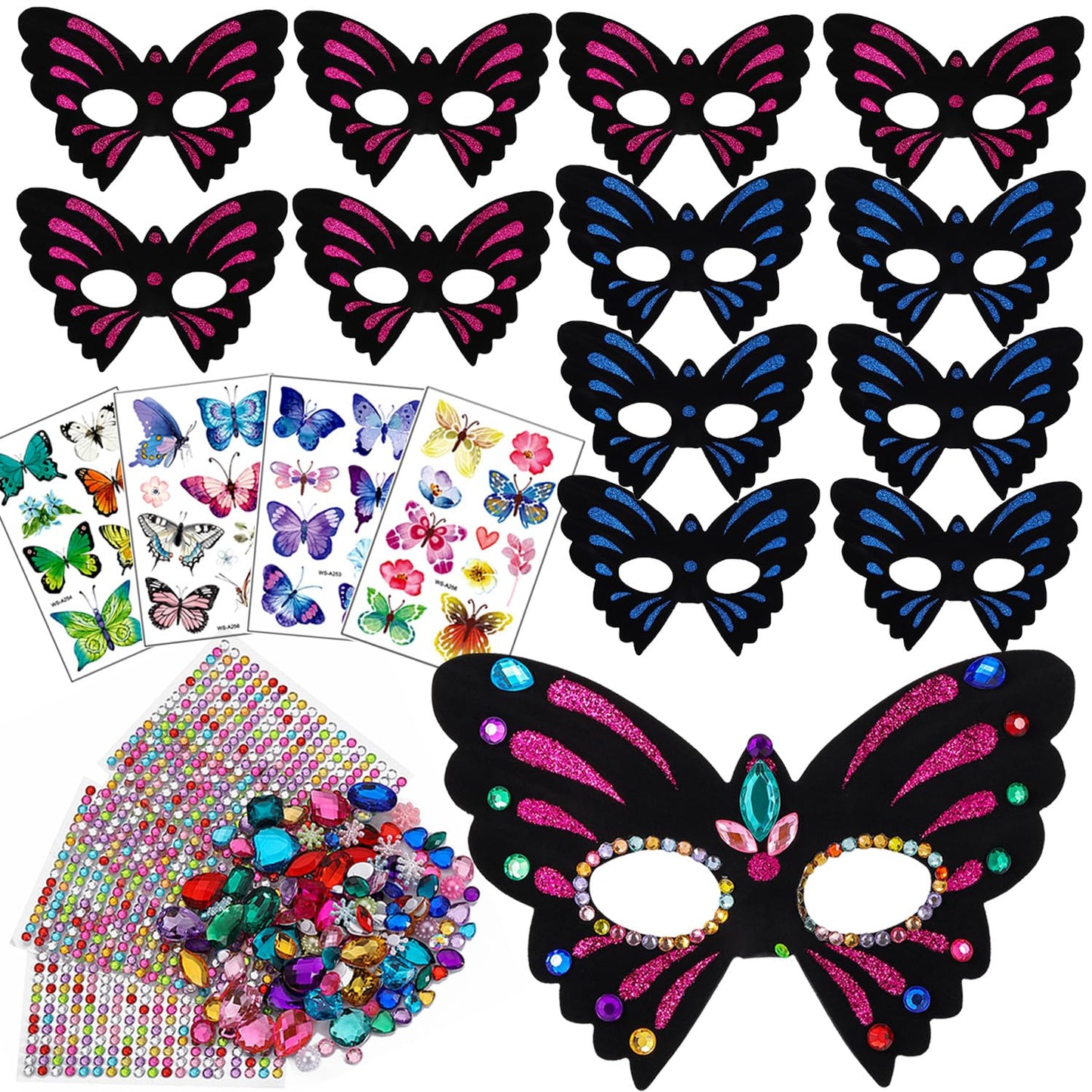 RICHNESS Butterfly Masks for Kids Make Your Own Kids Butterfly Costume Masks with Self-Adhesive Jewels Fun Birthday Party Activities pack of 12