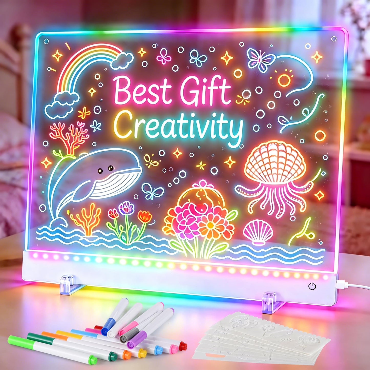 Led Drawing Board for Kids, 16.5IN Light Up Writing Tablet, Doodle Glow Dry Erase Drawing Pad with 11 Light Effects, Birthday Kindergarten Graduation Gifts for Kids Girls Teens, Stencils & 12 Markers