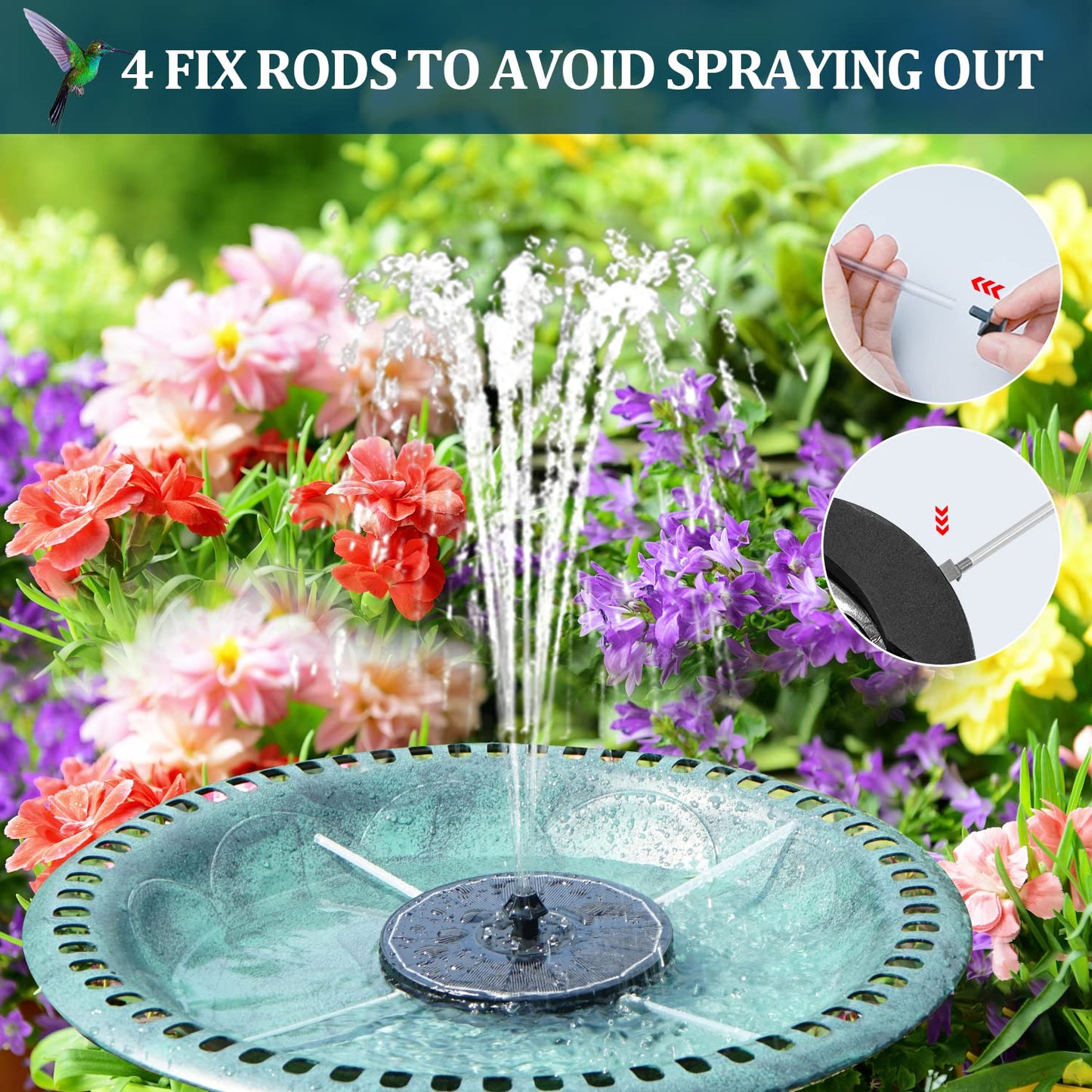 GAIZERL Solar Fountain New, 3.5W Solar Bird Bath Fountains with Glass Panel, 2200 Battery, Hummingbird Water Features with Color LED Lights, 8 Spray Modes & 4 Fixed Pipes for Garden, Pool, Pond