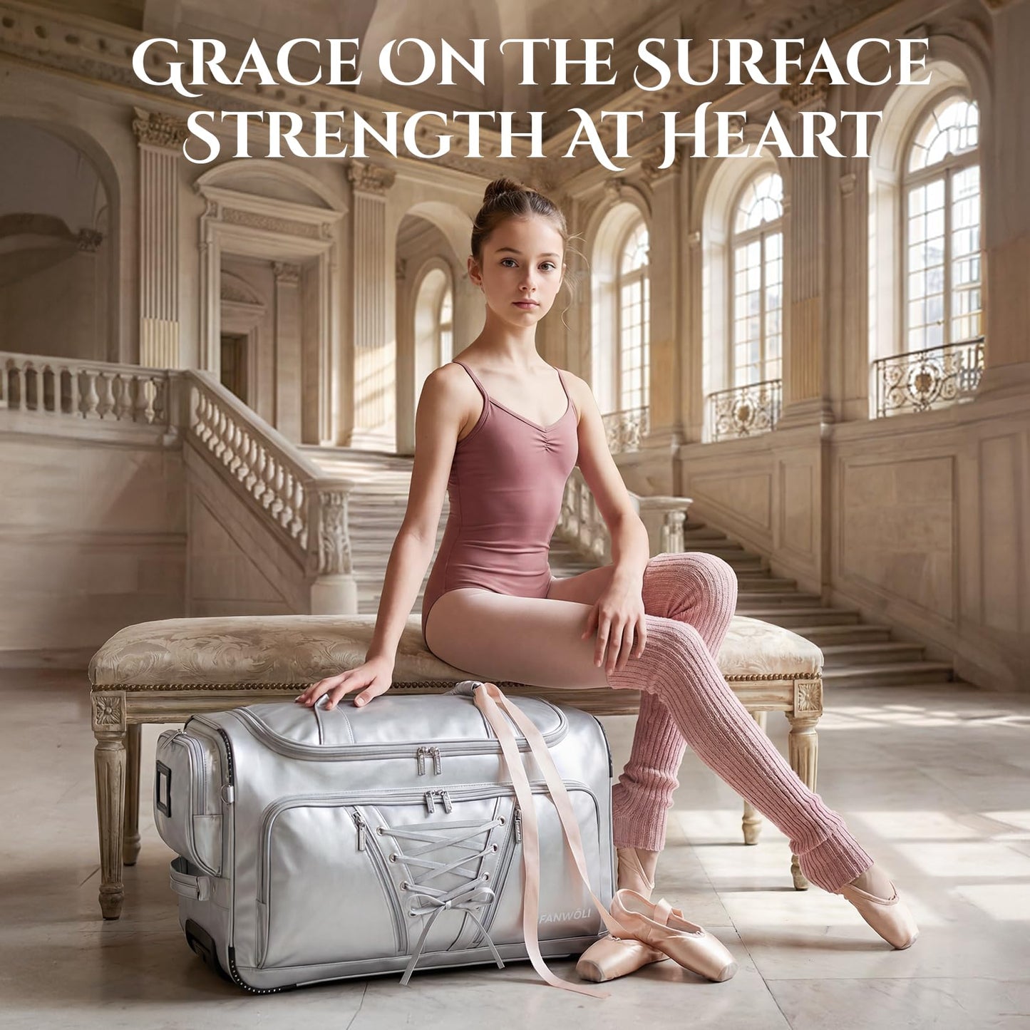Fanwoli 23" Dance Bag with Garment Rack | Luminous Poise Collection | Waterproof Lustrous Satin Fabric | Competition Travel Duffel Luggage for Cheer, Skating, Gymnastics & Sleepover | Moonlight Silver