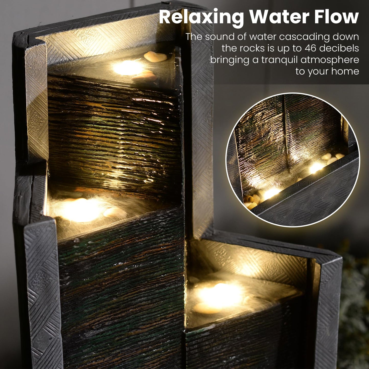 49.6" H Garden Fountains Outdoor Modern Cascading Indoor Water Fountain Tall Floor - Standing Fountain with Lights for Garden, Patio, Yard, Deck and Home Art Decor