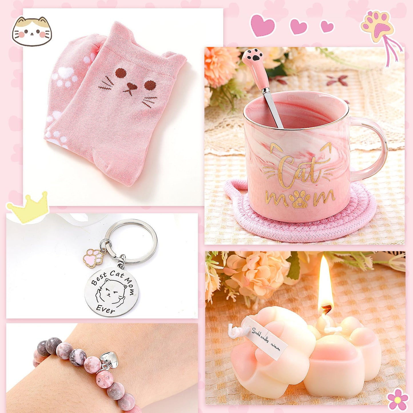 Didaey 12 Pcs Mother's Day Cat Lover Gifts for Mom Women Cute Blanket Socks Coffee Mug Cosmetic Bag Keychain Bracelet Cards Scrunchie Cats Themed Gift Set for Birthday Mom Ideas