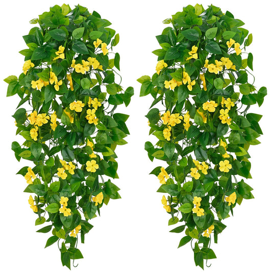 BLEUM CADE Artificial Hanging Flowers for Outdoors, 2pcs Fake Hanging Plants Pothos Vines with Yellow Flowers for Wall Home Living Room Indoor Outdoor Decor (No Baskets)