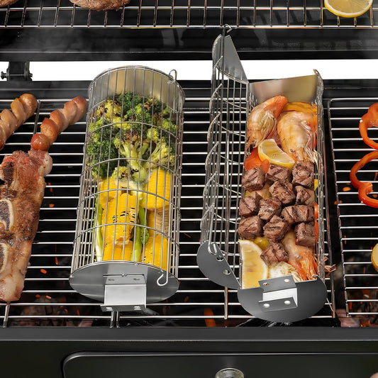 TNTOR Rolling Grill Basket, Larger 304 Stainless Steel Nesting Grilling Net, Removable Handle, BBQ Accessories Tools for Veg Shrimp, Outdoor Cooking Camping grilling gifts for men Dad Husband