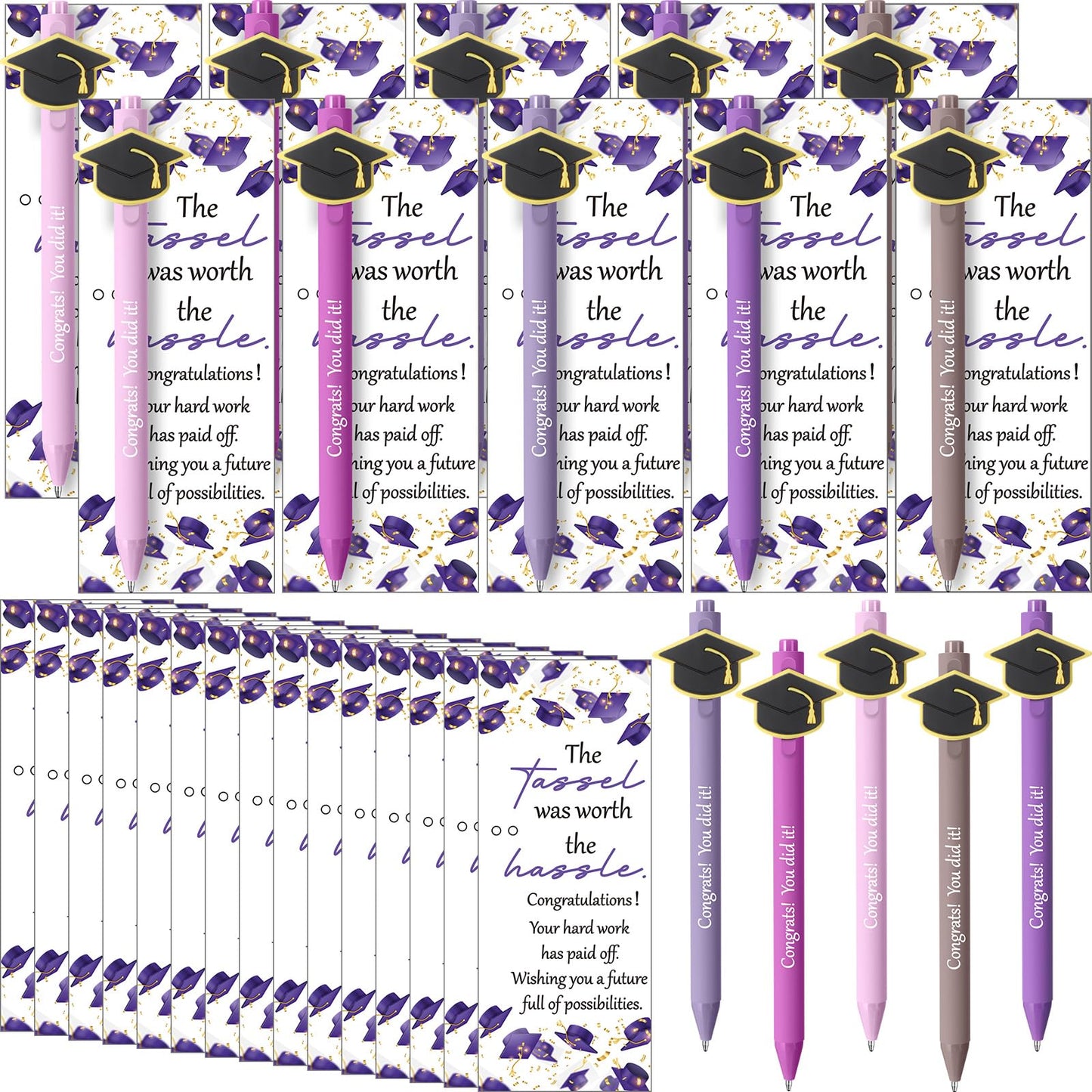 MotiMind 50 Sets Graduation Gifts Class of 2026 Bulk Graduation Party Favor Cap Ballpoint Pen With Motivational Greeting Cards Party Favors for University College Middle High School (Purple)