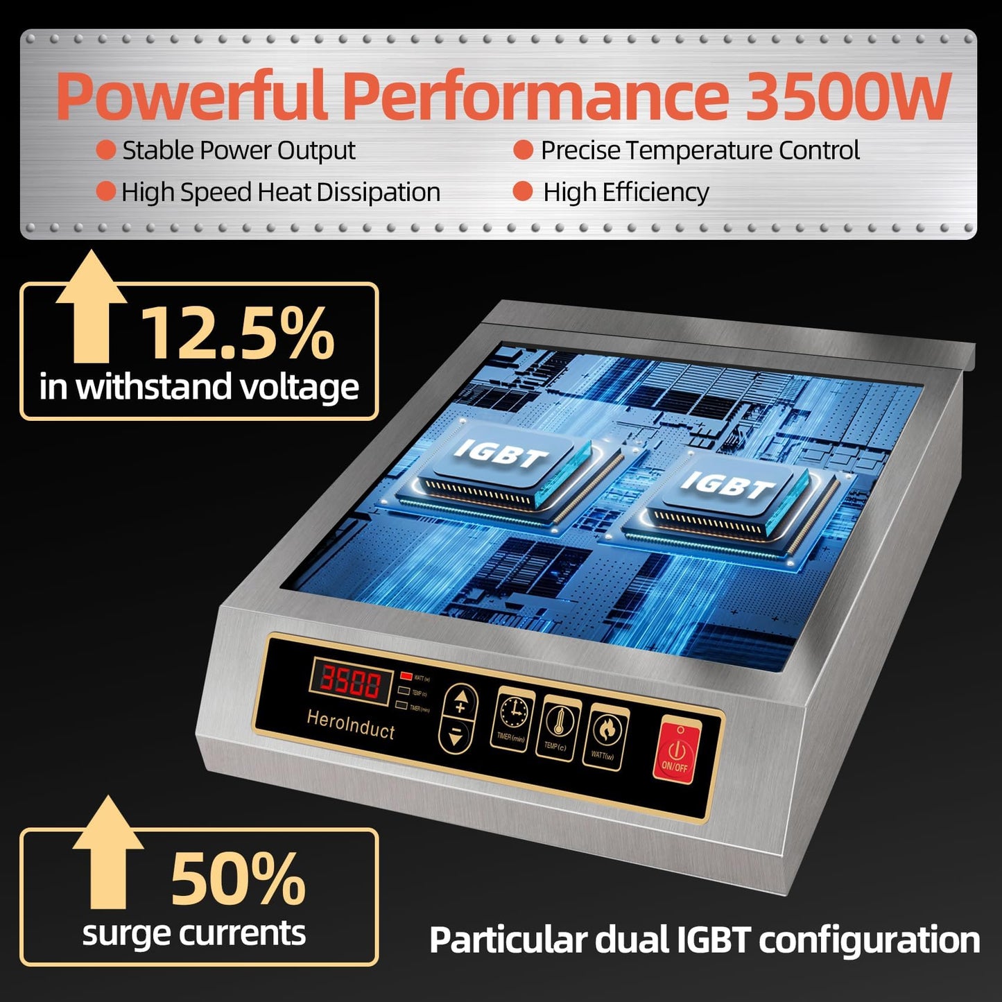 HeroInduct Portable Induction Cooktop 208-240V 3500W Commercial Range Countertop Burner Dual IGBT Modules 8 Heating Level Timer Sensor Push-Button Premium Stainless Steel Housing Ceramic Glass（Black）
