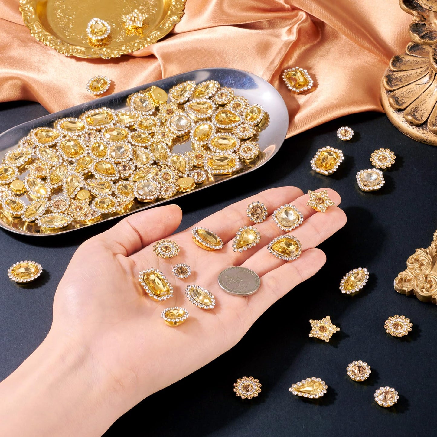 FASHEWELRY 100Pcs Sew on Rhinestones Mixed Shapes Big Rhinestones Bedazzling Flatback Sew on Crystal Gems with Metal Base for DIY Costumes Embellishments (Golden)