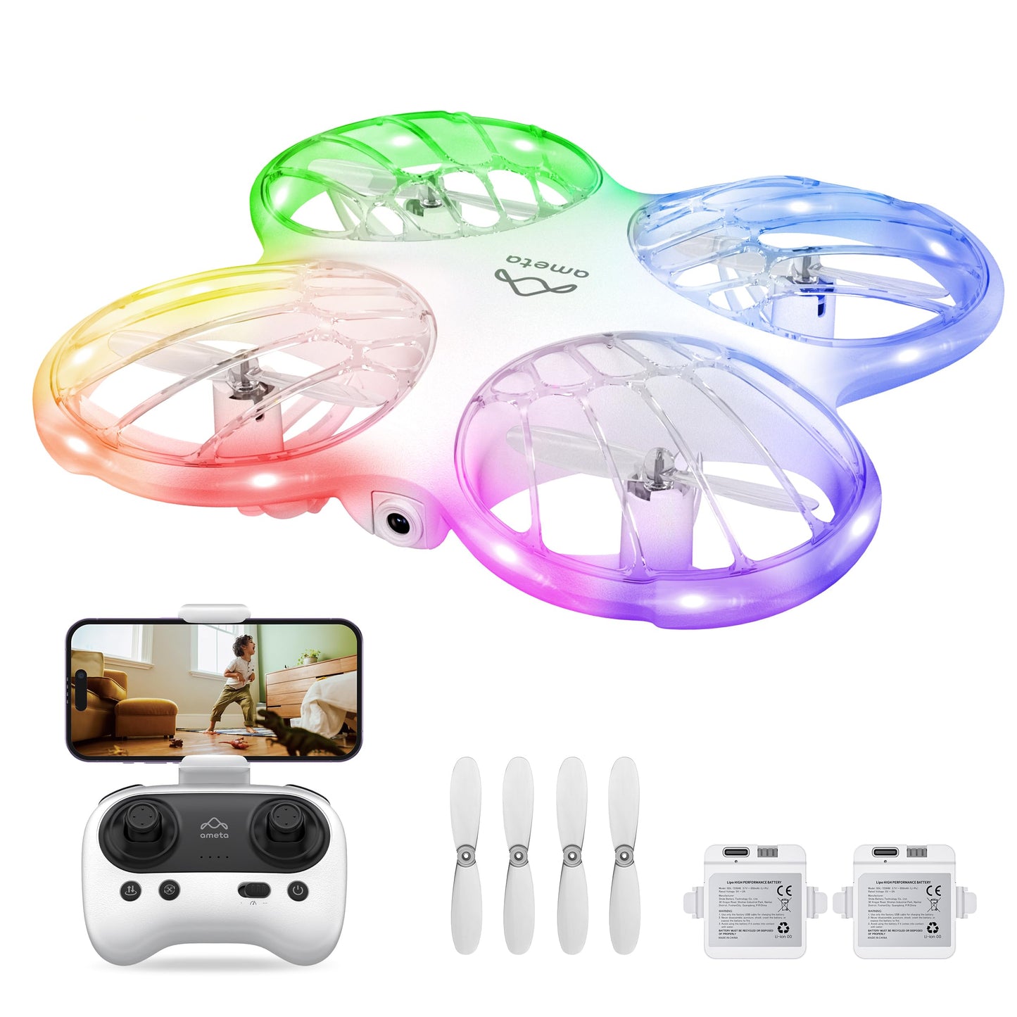 Ameta Drones for Kids Adults, RC Drone with 1080P HD FPV Camera, Cool Toys Gift for Boys Girls Teenage, STEM Toys with LED Light, Propeller Full Protect, 2 Batteries Long Flight Time and Remote Control, Easy to Fly