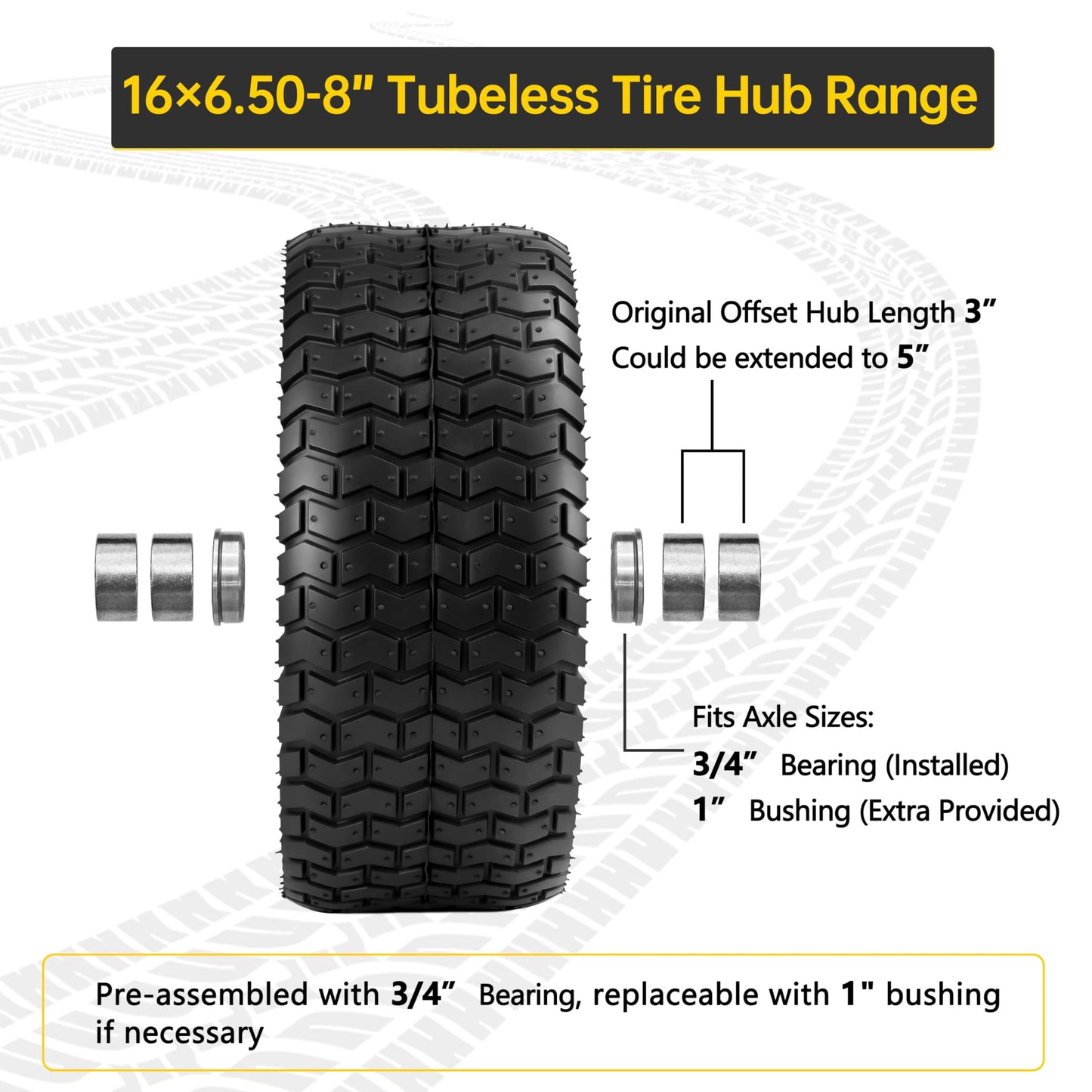 2 Pcs 16x6.50-8 Tubeless Lawn Mower Tire and Wheel, 16x6.5-8 Lawn Mower Tire, with 3/4" Bearing (extra 1" Bushing), 3-5" Offset Hub, 4-Ply Tubeless, 35 PSI, Fits Riding Mower & Lawn Tractors, 715 lbs