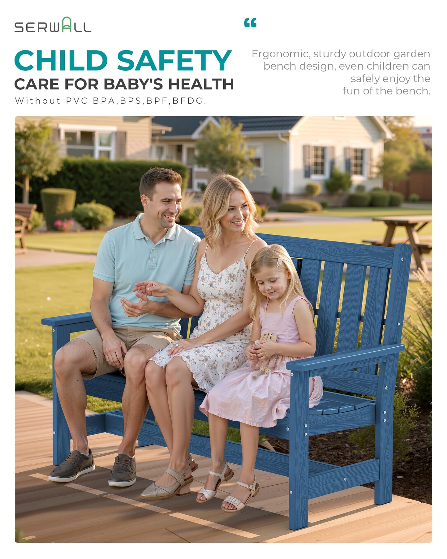 SERWALL Outdoor Bench with Cup Holder, 58" HDPE Front Porch Bench Suitable for 3 Person, All Weather Patio Benches with High Backrest and Wide Armrests for Garden, Park, Yard, Navy