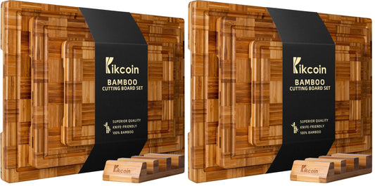 Kikcoin Extra Large Bamboo Cutting Boards, (Set of 3) Chopping Boards with Juice Groove Bamboo Wood Cutting Board Set Butcher Block for Kitchen, End Grain Serving Tray (Pack of 2)