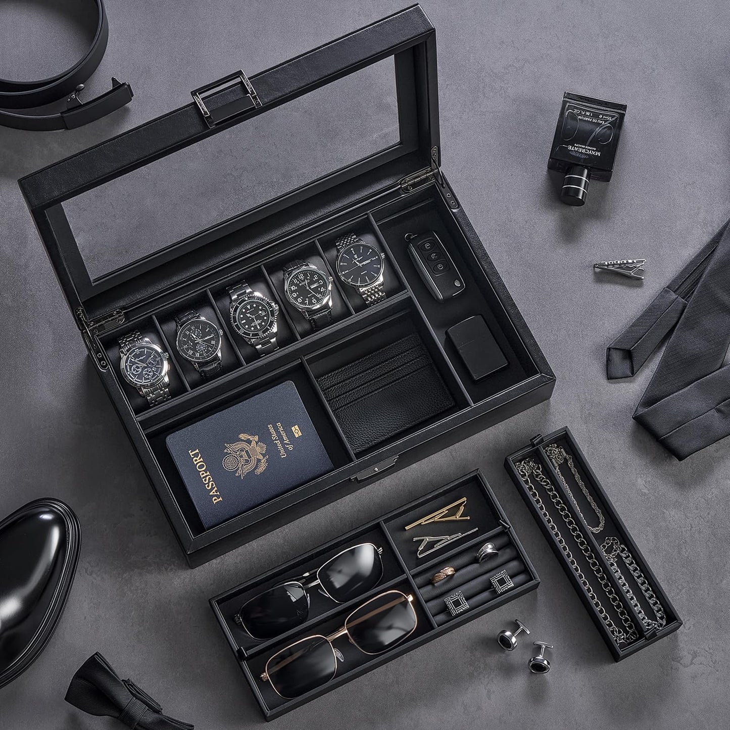 ProCase Men's Jewelry Box, 5-Slot Wood Watch Display Case Jewellry Storage Organizer for Sunglasses Rings Accessories with Hidden Compartment, Watch Holder with Glass Lid, Gift for Men -Black