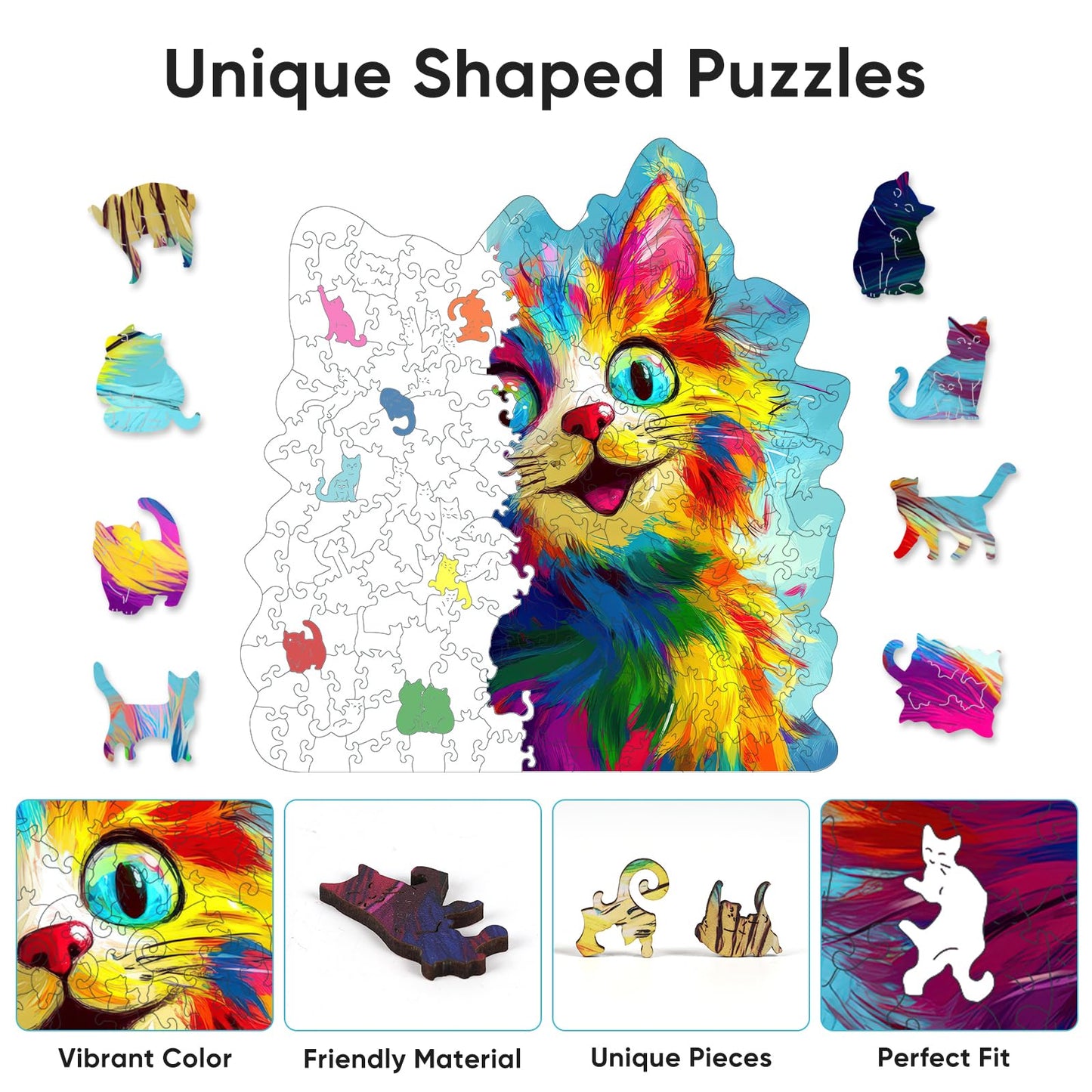 Bovearto 200 Piece Wooden Jigsaw Puzzles for Adults, Cat Puzzles with Unique Animal Shapes, Brain Teaser for Kids Ages 8+, Comes with Storage Box & Puzzle Gift Box, Bold Color Art (11" x 11.4")