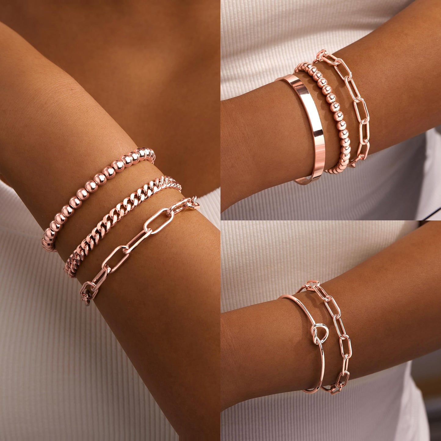 Gokeey Rose Gold Bracelets for Women Non Tarnish Waterproof Rose Gold Bracelets Stack Dainty Cuff Paperclip Bead Cuban Layered Chain for Jewelry Gifts