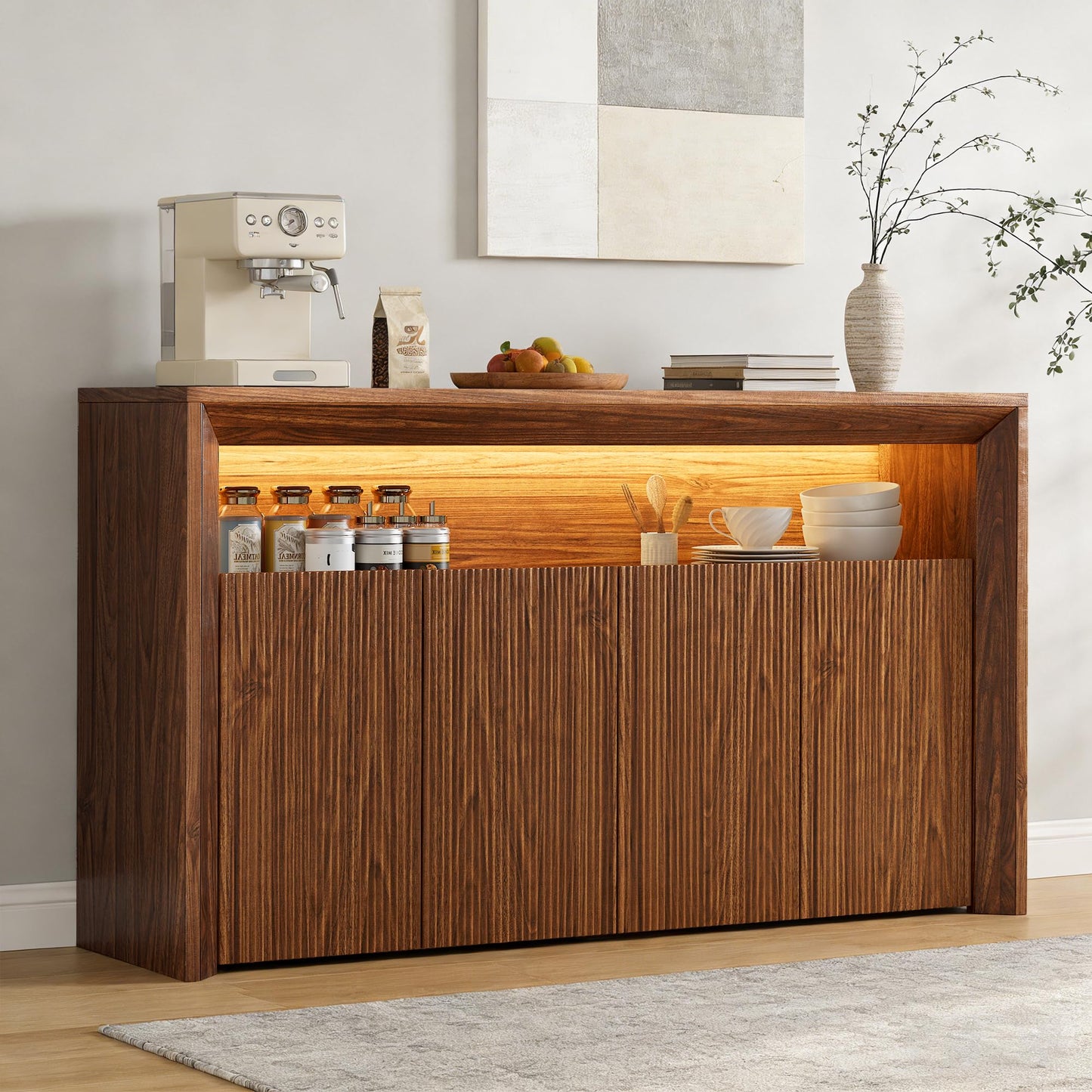 Feonase 66.2" Buffet Cabinet with Storage & Led Lights, Modern Sideboard Cabinet with 4 Doors & Shelves, Fluted Media Console Mid Century, Coffee Bar Table for Living Room Kitchen Dining Room, Walnut