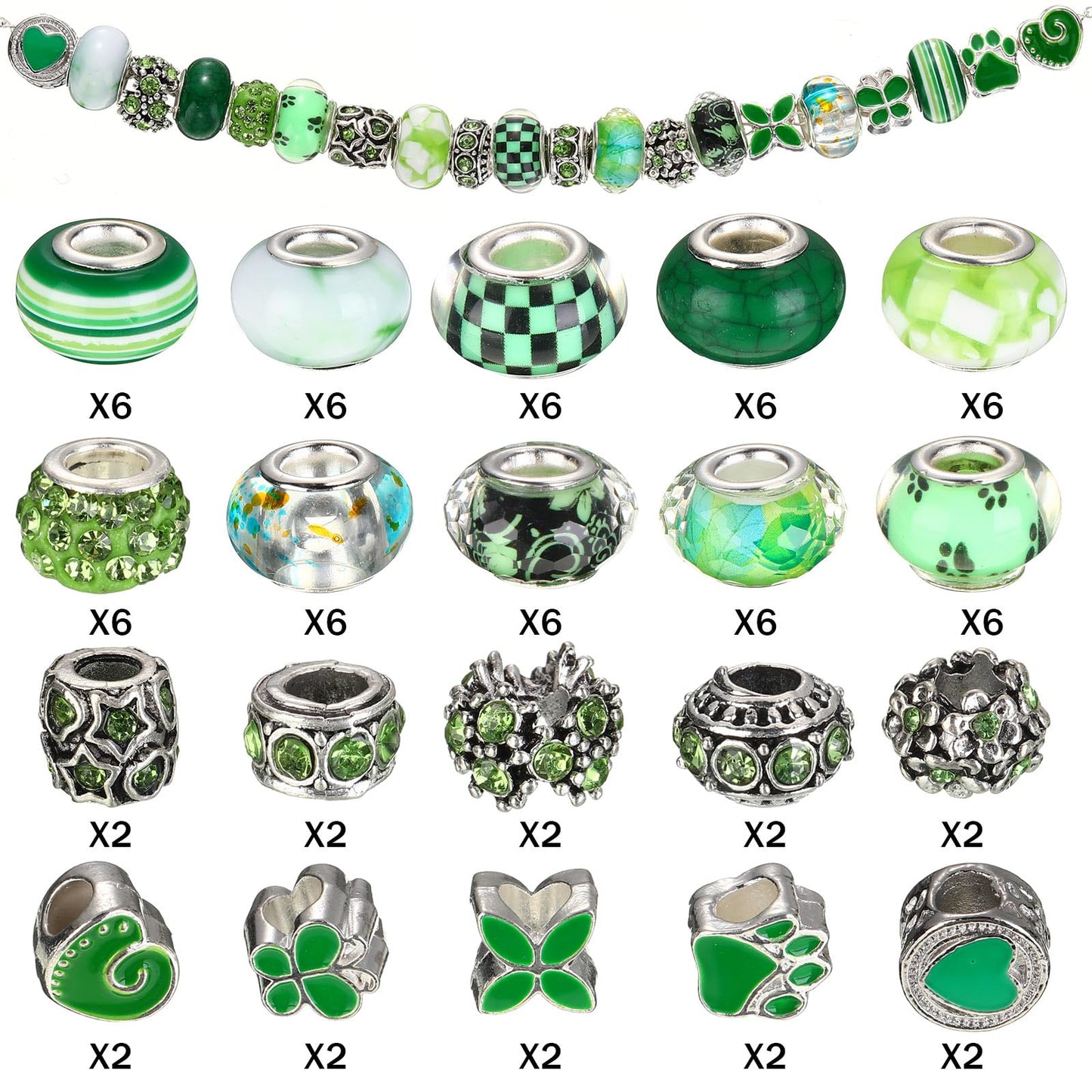 Hicarer 80 Pcs Assorted European Large Hole Beads, Spacer Glass Beads Rhinestone Metal Macrame Charms Supplies for DIY Crafts Bracelets Necklaces Jewelry Making(Green)