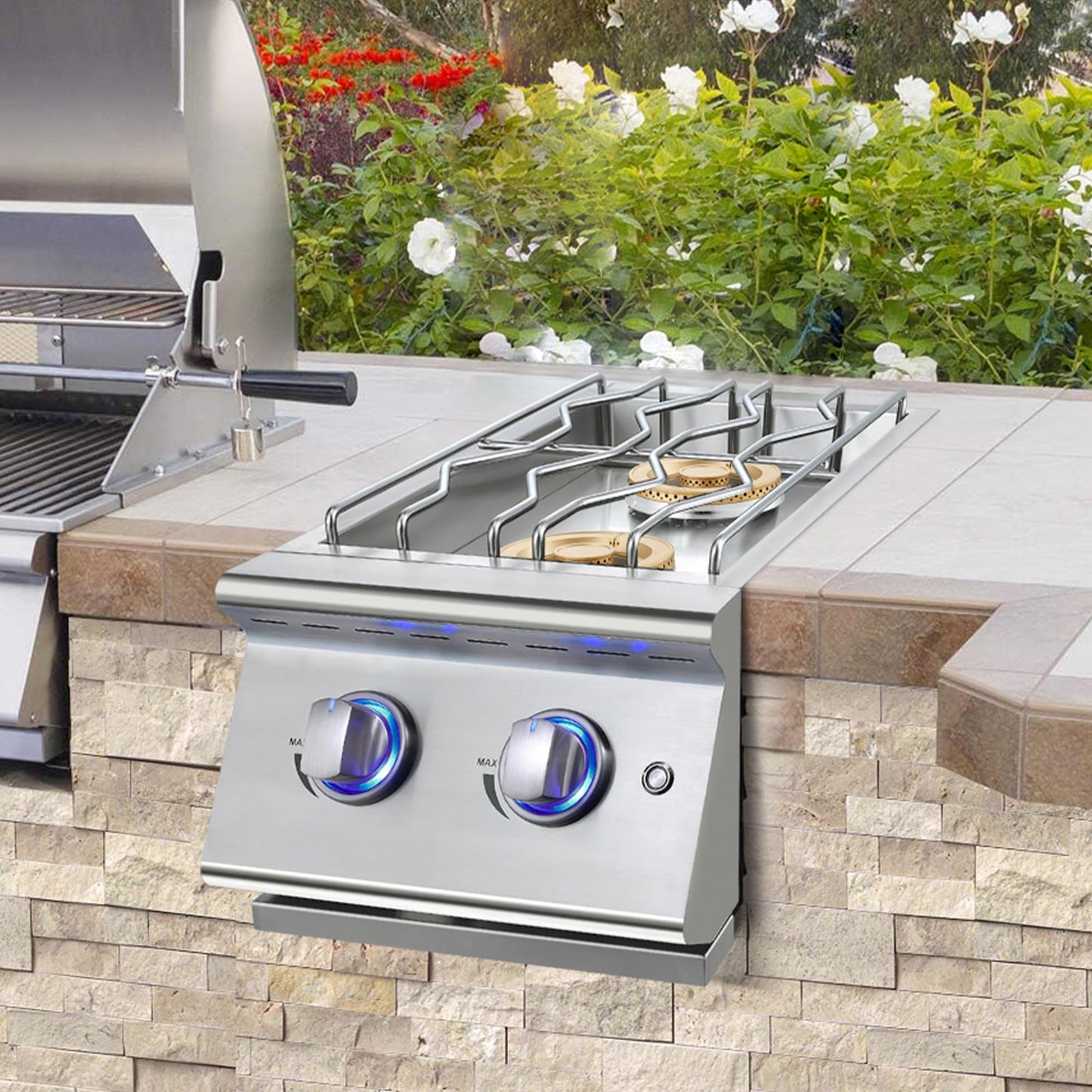 Livory Double Grilling Side Burners for Outdoor Kitchen, 2 * 17,000BTU Liquid Propane Burners, Convertible to Natural Gas, Duty Heavy 304 Stainless Steel, Built-in Side Burner for BBQ Island Grill