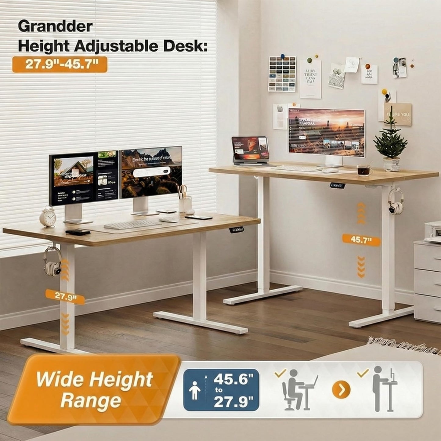 Grandder 55x32 Large Electric Standing Desk, Height Adjustable Computer Desk with 2 Memory Presets, 31.5" Deep Desktop Sit Stand Desk Home Office Desk Workstation Table with Hooks, Oak