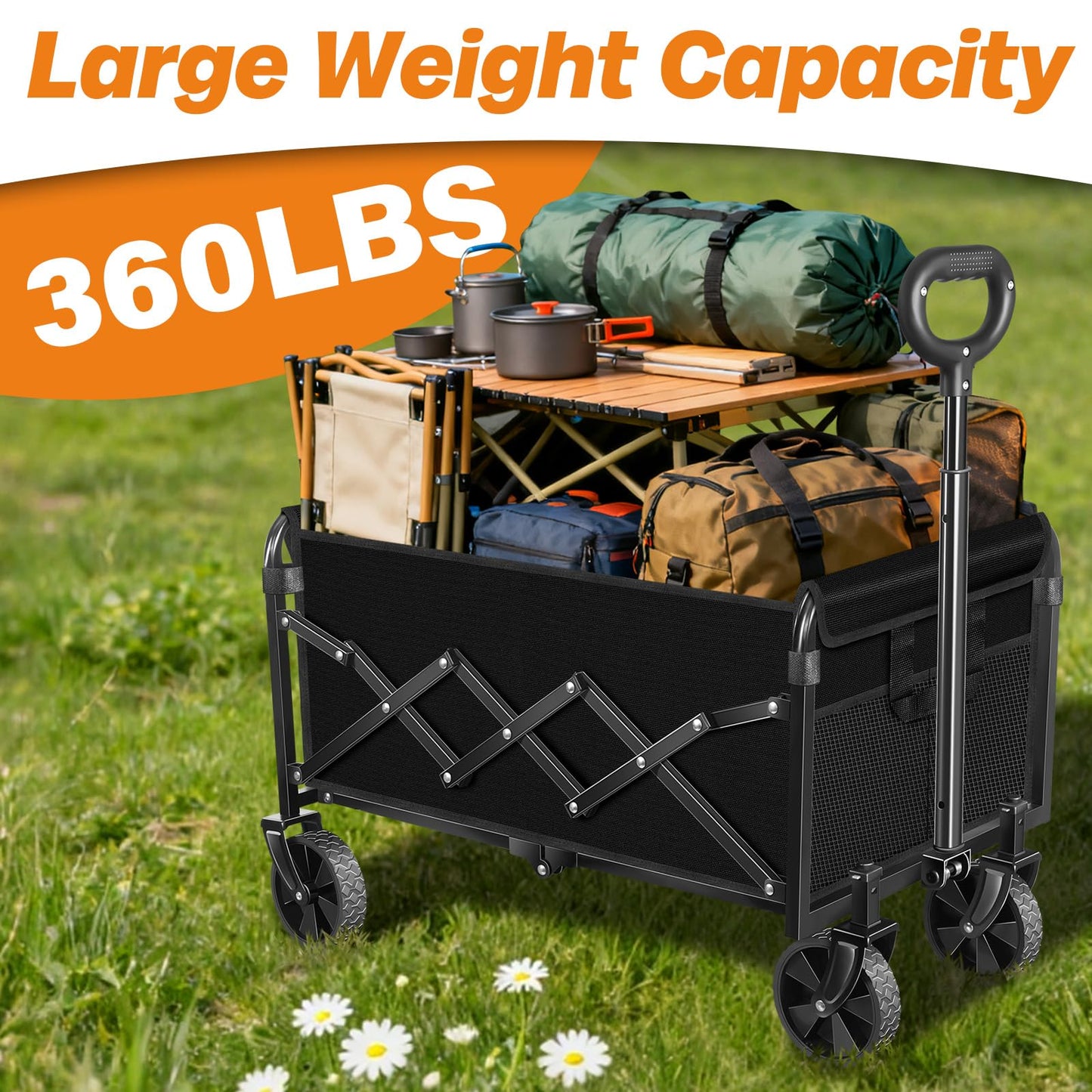 Collapsible Wagon Cart Foldable, 360lbs Portable Folding Wagon with Wheels, Foldable Wagon Carts Utility for Camping, Beach, Grocery, Shopping, Sports, Garden(Classic Black)