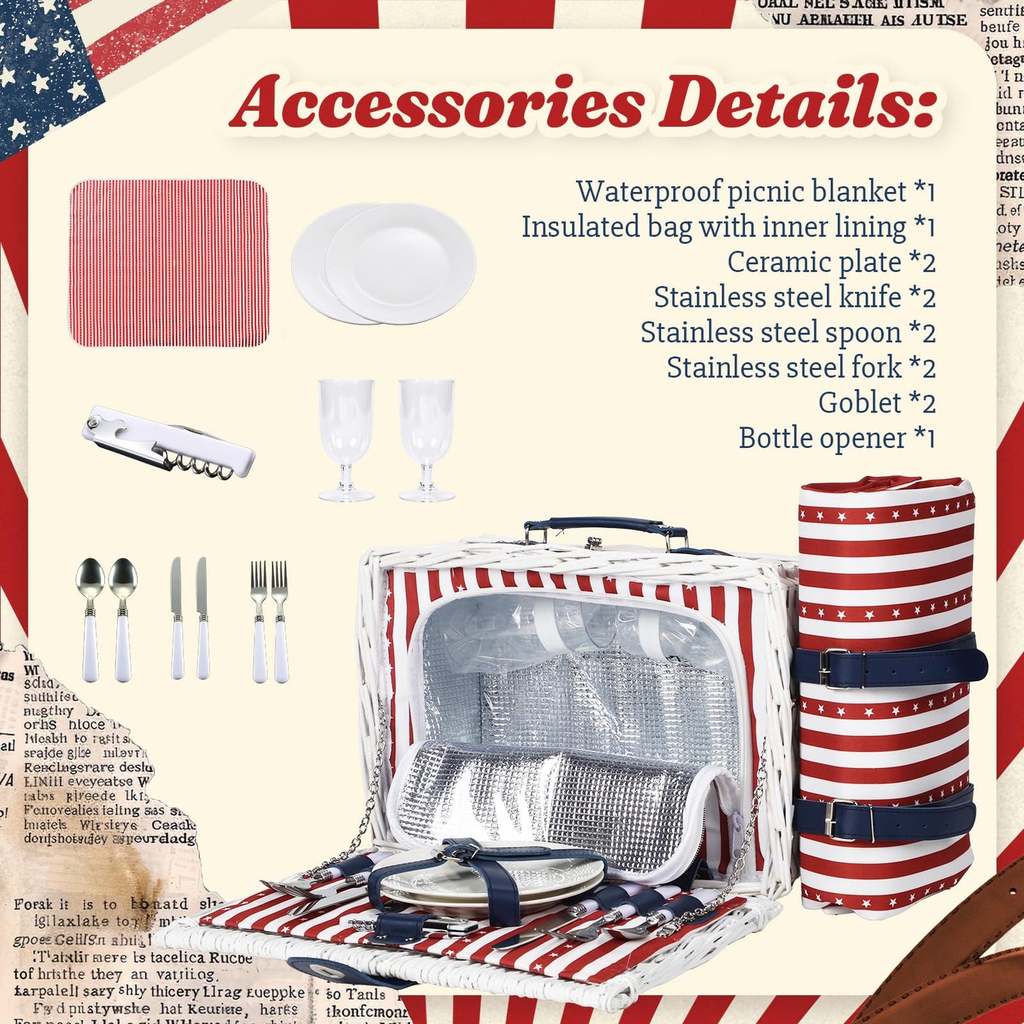 Wicker Picnic Basket for 2 with Waterproof Picnic Blanket and Insulated Bag, Patriotic Red White and Blue Star Pattern for Soccer Game, Camping, Travel, Birthday Gift, Wedding Gift