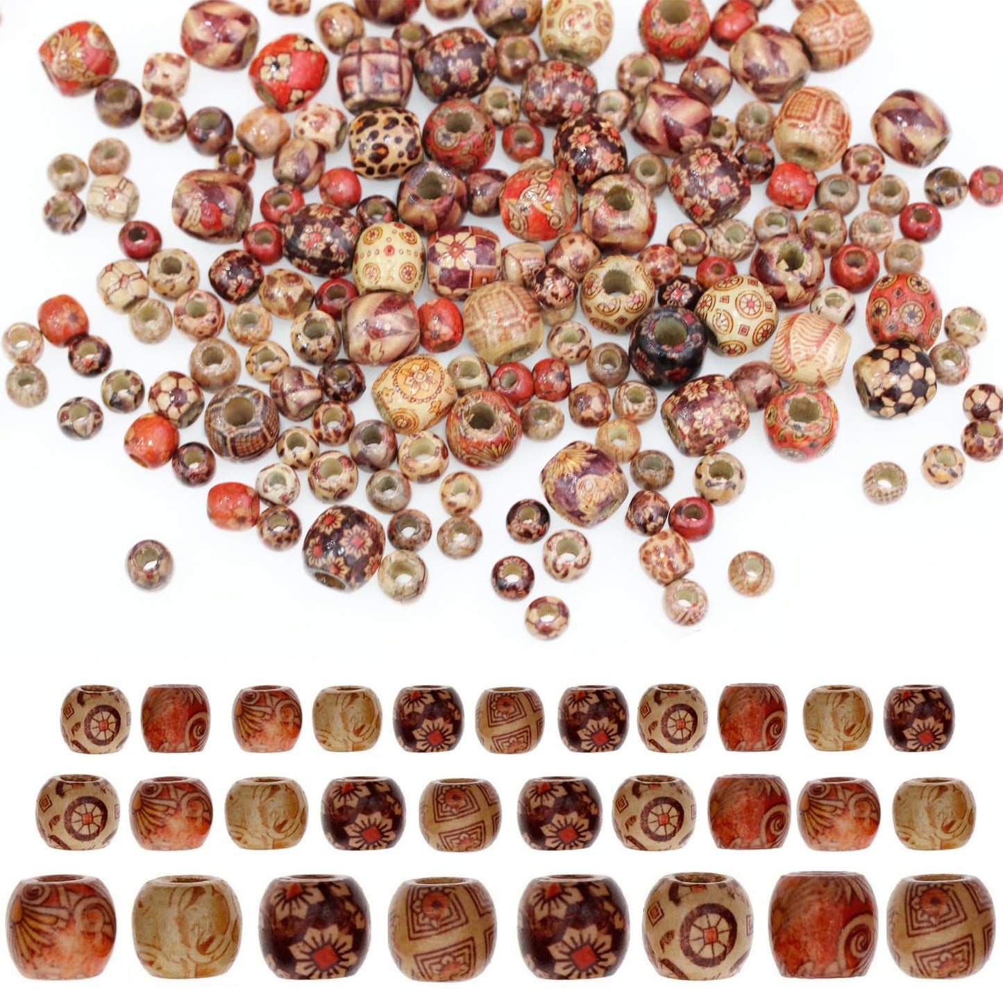 300pcs Mixed Painted Drum Wood Spacer Beads, BetterJonny Barrel Wood Beads Loose Wood Beads Bulk for Hair, DIY Making Bracelet Necklace Jewelry Craft Project（16mm,12mm,10mm）