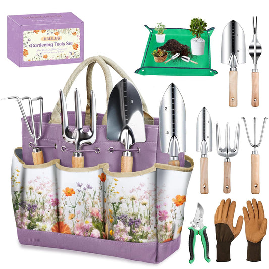 Gardening Tools 9-Piece Heavy-Duty Garden Tools Set, Stainless Steel Garden Hand Tools with Purple Floral Tote Bag and Repotting Mat Garden Supplies Kit Gifts for Women