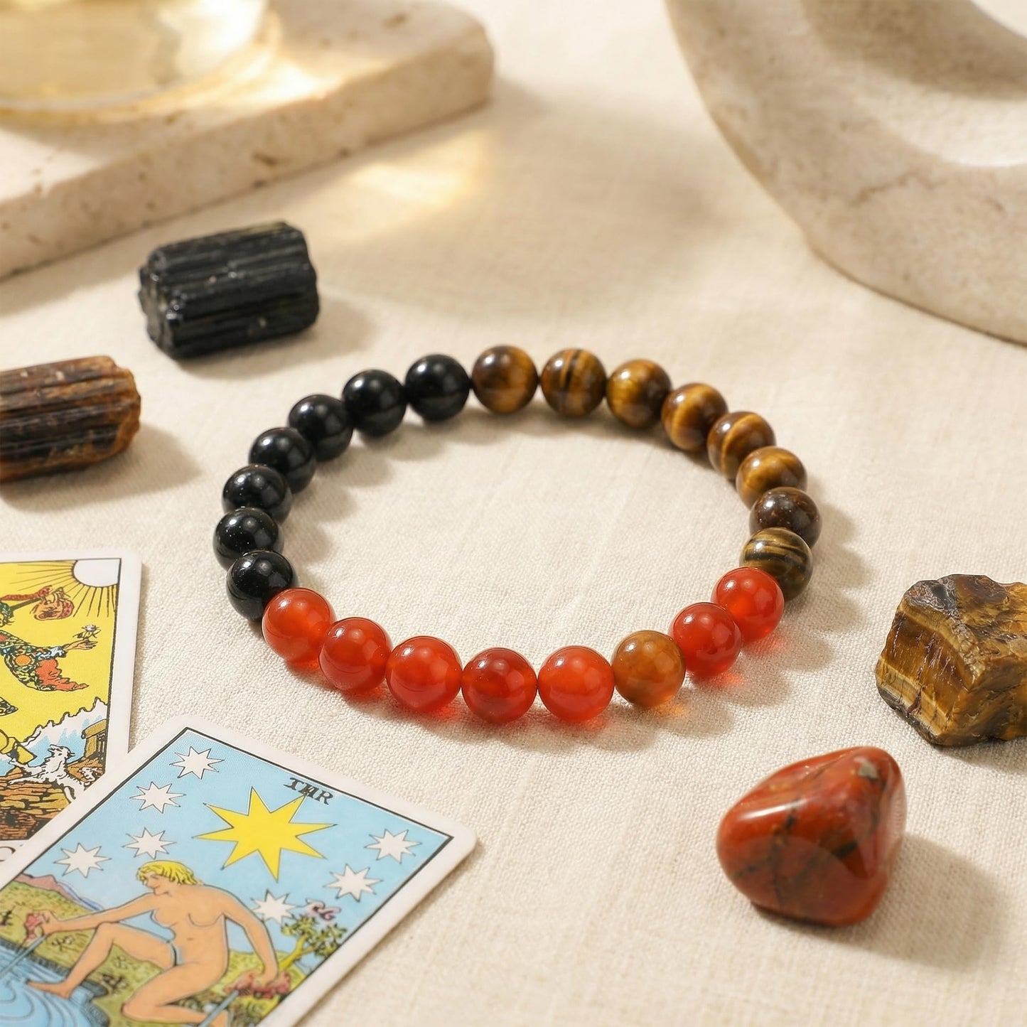 Bivei Self Confidence Bracelet, Strength Crystal Healing Bracelet 8MM with Red Agate & Black Tourmaline & Tiger Eye - Spiritual Stretch Beaded Jewelry for Women Men Gift