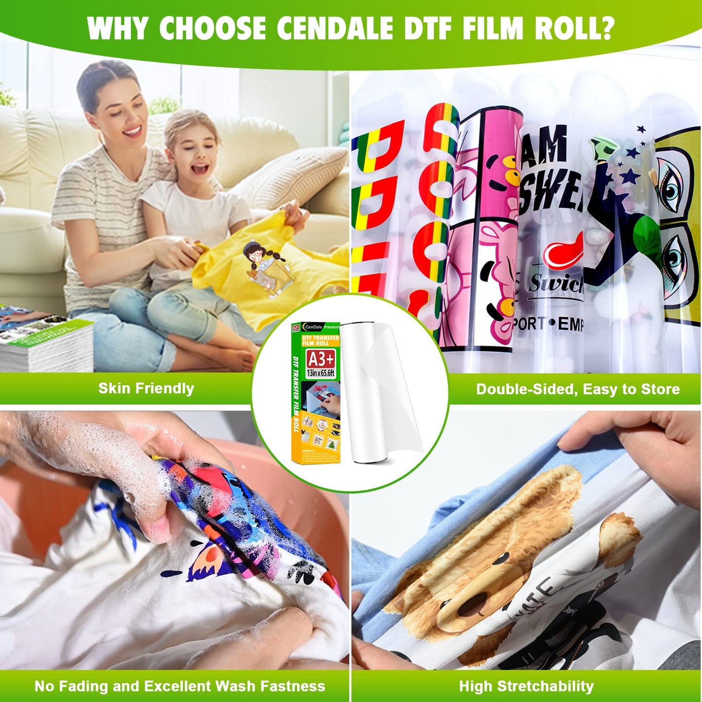 CenDale DTF Transfer Film Roll 13"x 65.6ft - Premium A3+ DTF Film Roll, Double Sided Matte Clear PreTreat PET Heat Transfer Paper, Hot & Cold Peel DTF Paper Roll, Direct to Film for T-Shirts Textile