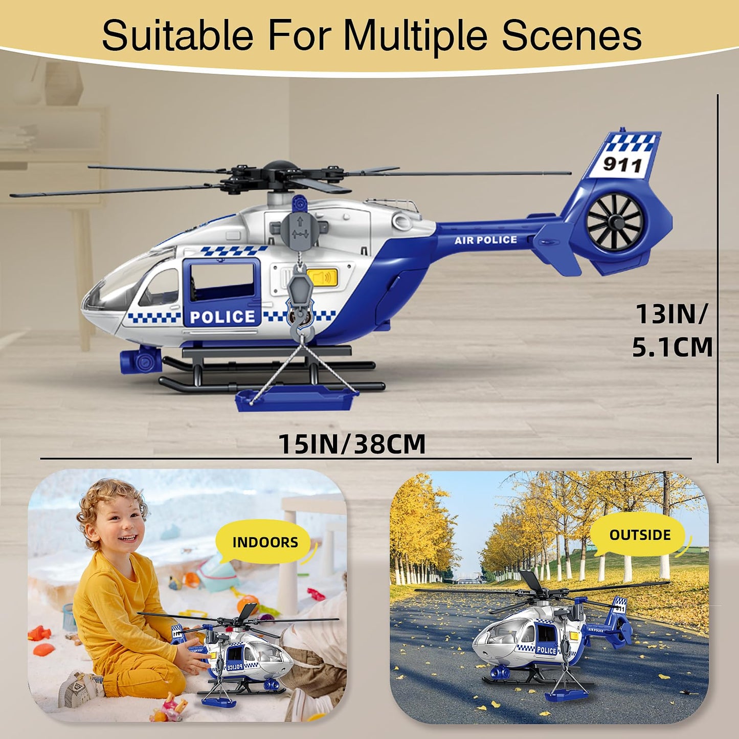 XUEXUE Large Police Helicopter Toy 15 Inch, Kids Helicopter with Crane & Hanging Tray, Toy Helicopter with Lights and Sounds, Helicopter Toys for Kids 3-5, Birthday Gift for Boys Age 3-7