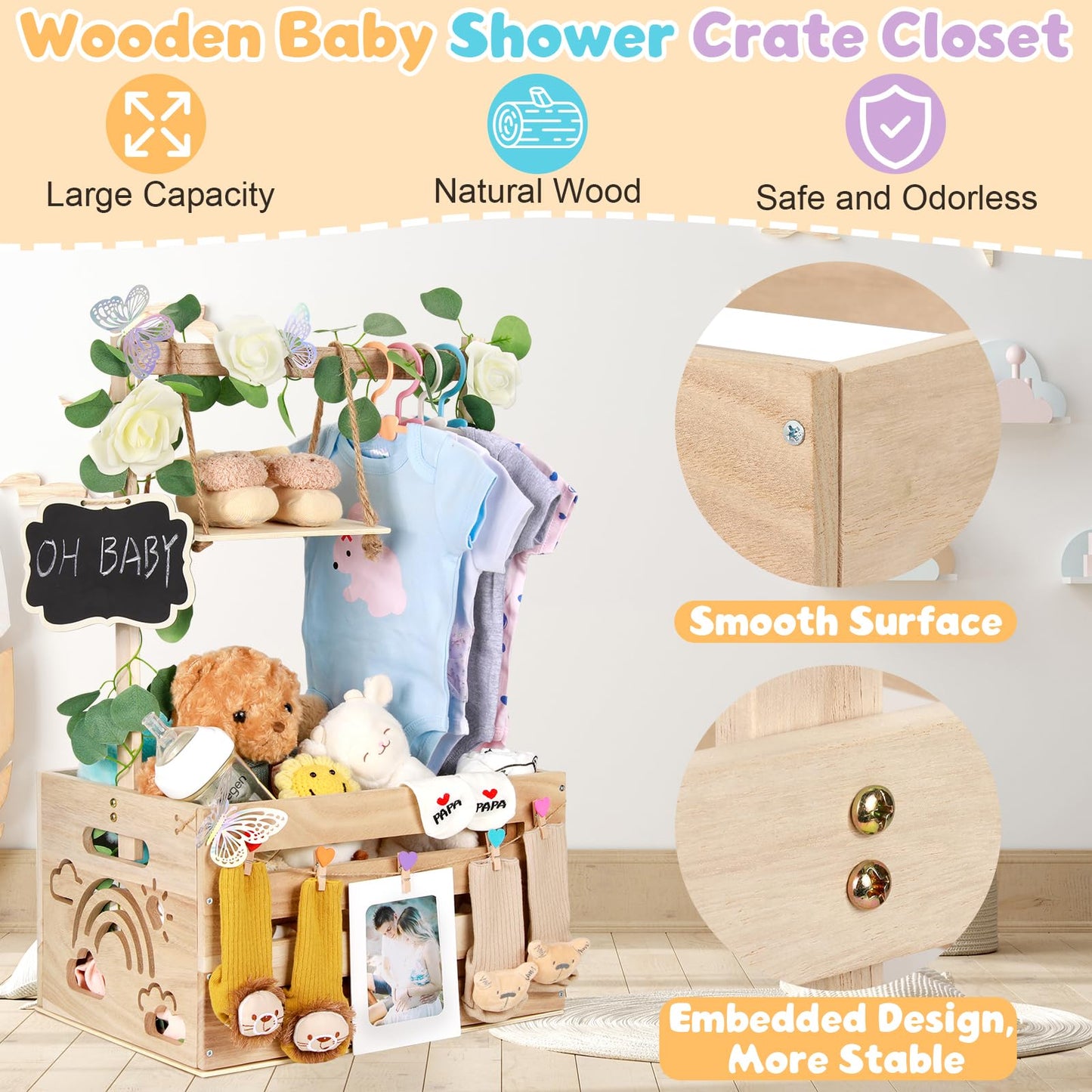 ELESTONE Wooden Baby Shower Crate Closet with Handle, Hangers & Garland, Large Capacity Baby Basket for Baby Shower, Customizable Wooden Crate Box Newborn Parents Welcome Gift (Natural Wood)