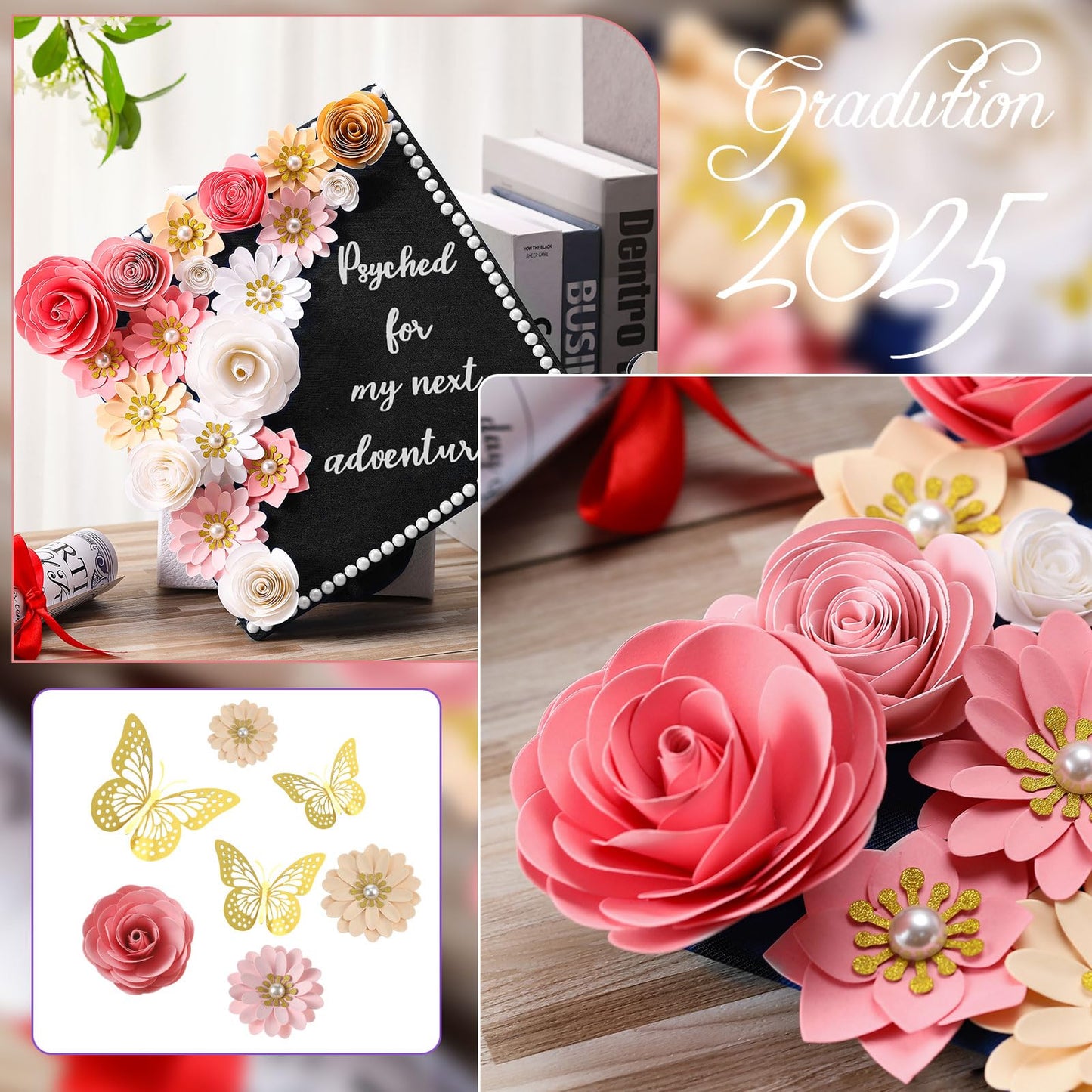 Thiccywoov 43 Pcs Graduation Cap Decorations Kit Includes Artificial Flowers Faux Flower Heads 3D Butterfly Stickers Pearl Rhinestones Glitter Stickers for Grad Cap Topper DIY Graduation Gift(Pink)