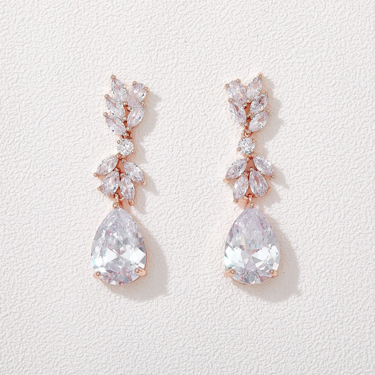 SWEETV Rose Gold Plated Marquise Wedding Earrings for Brides, Bridesmaids, Teardrop Crystal Cubic Zirconia Bridal Drop Earrings for Women Prom