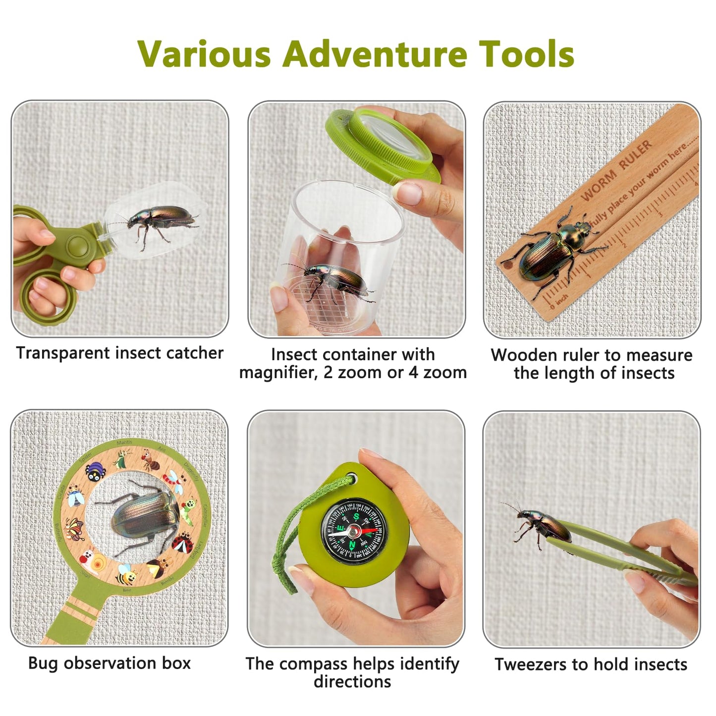 Wooden Bug Catcher Kit for Kids -11Pcs Bug Catching Kit Outdoor Explorer Kit with Carry Bag, Butterfly Net and Other Adventure Sets for Garden Backyard Camping, Gift for Toddlers Girls Boys 3-12