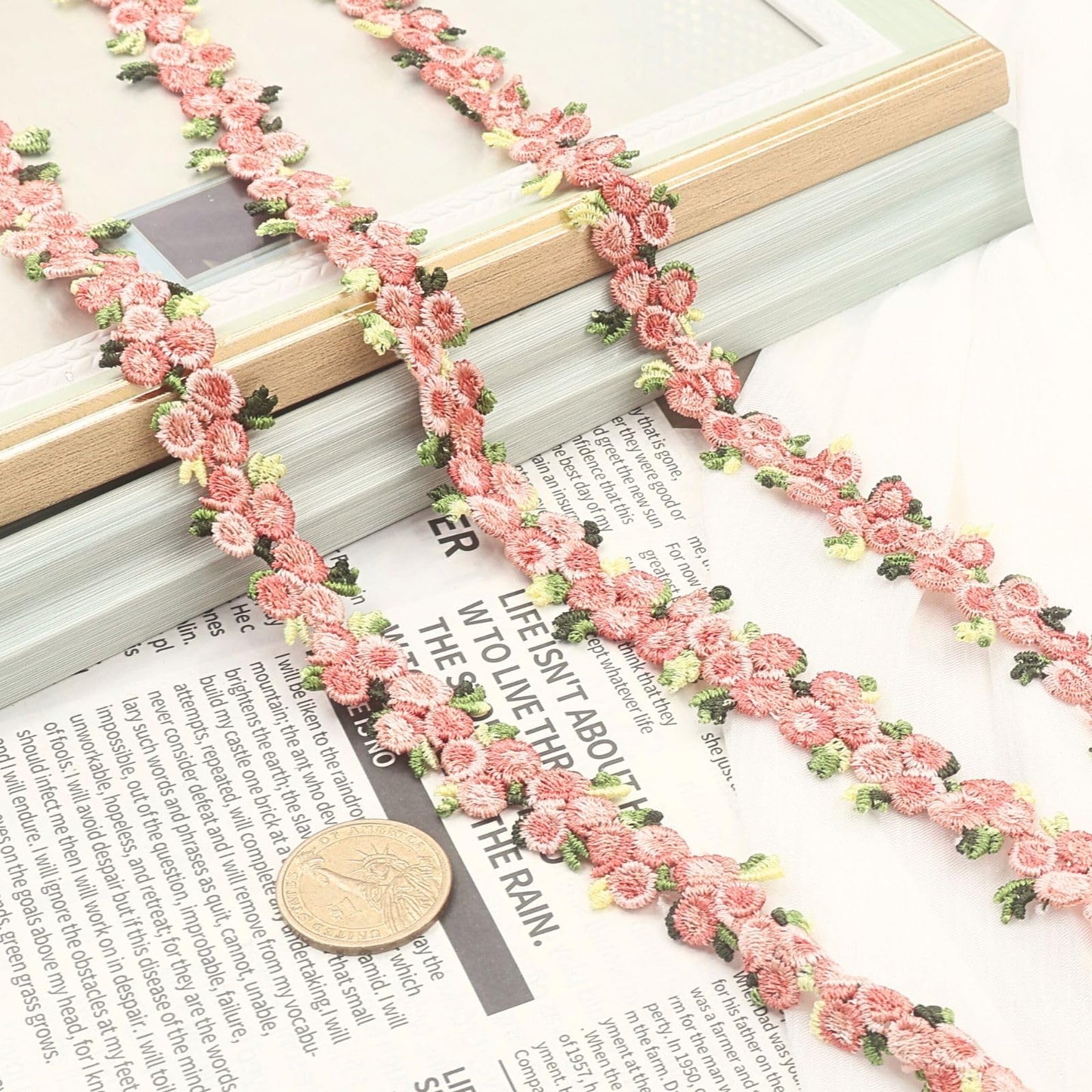 Bijou Joon 16 Yards Skin Pink Lace Trim Ribbon Floral Ribbon Floral Pattern Embroidered Lace Trim Applique DIY for Sewing Edge Craft Decorative Vestidos Garment Wedding Dresses Embellishment