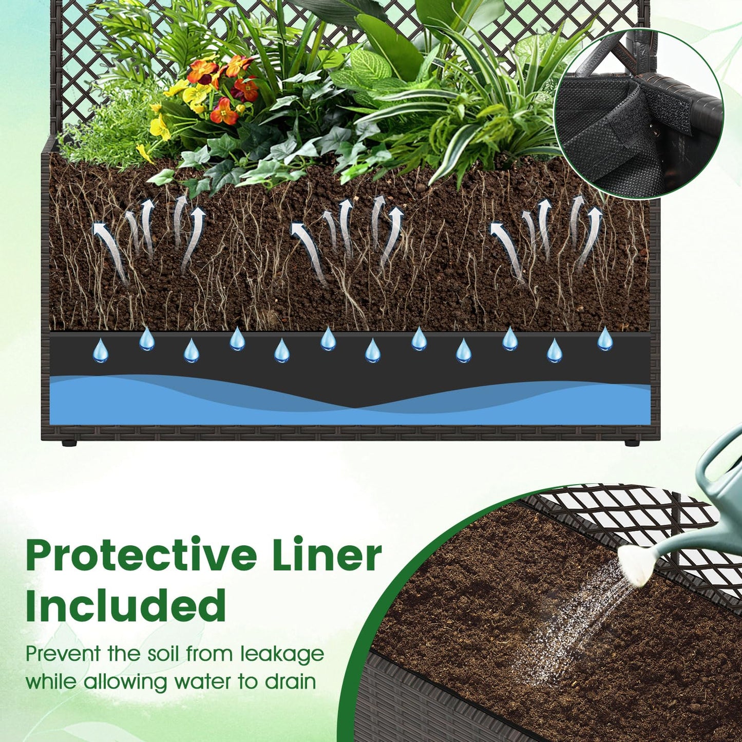 Happygrill Raised Garden Bed with Trellis, 58" Wicker Planter Box with Privacy Screen, Liner, Drainage for Patio Balcony, Outdoor PE Rattan Elevated Garden Bed for Climbing Plant Vine Flower (Brown,1)