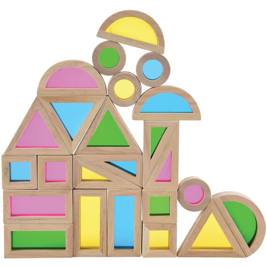 Constructive Playthings Color Mixing Wooden Blocks for Kids, 24-Piece Multicolor Set with Assorted Shapes, STEM Building Toys for Ages 12 Months+