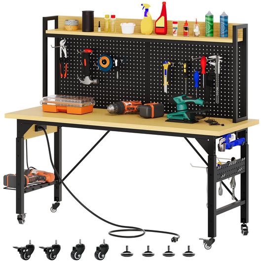 YITAHOME 60" Adjustable Workbench with Pegboard, Wheels & 1600 LB Capacity, Rolling Work Table with AC/USB Outlets, Hooks, and Rack, Heavy-Duty Work Bench for Garage, Workshop, Office, or Home