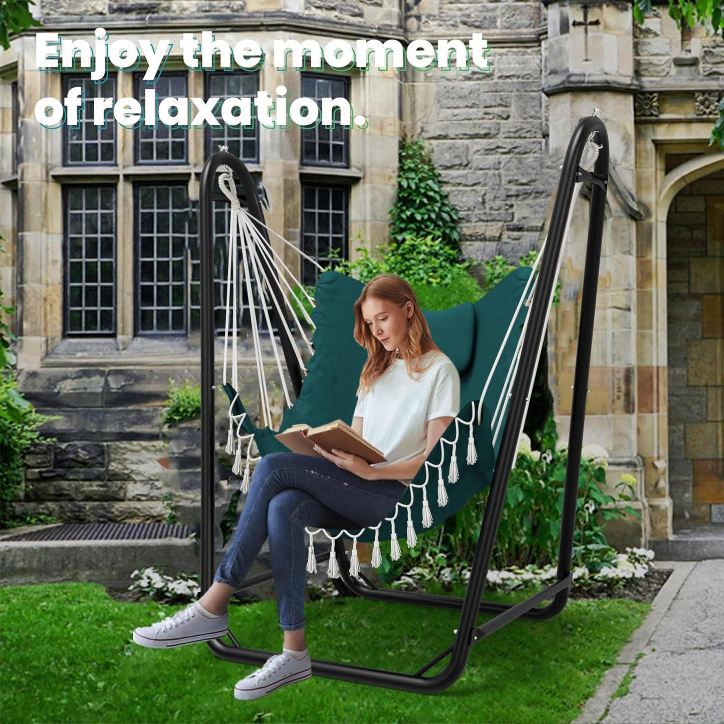 Hammock Chair with Stand,Heavy-Duty Hanging Chair with Stand, for Indoor Outdoor,Sturdy Swing Chair Stand Max Load 350 pounds(Hammock Chair Included) (Green)