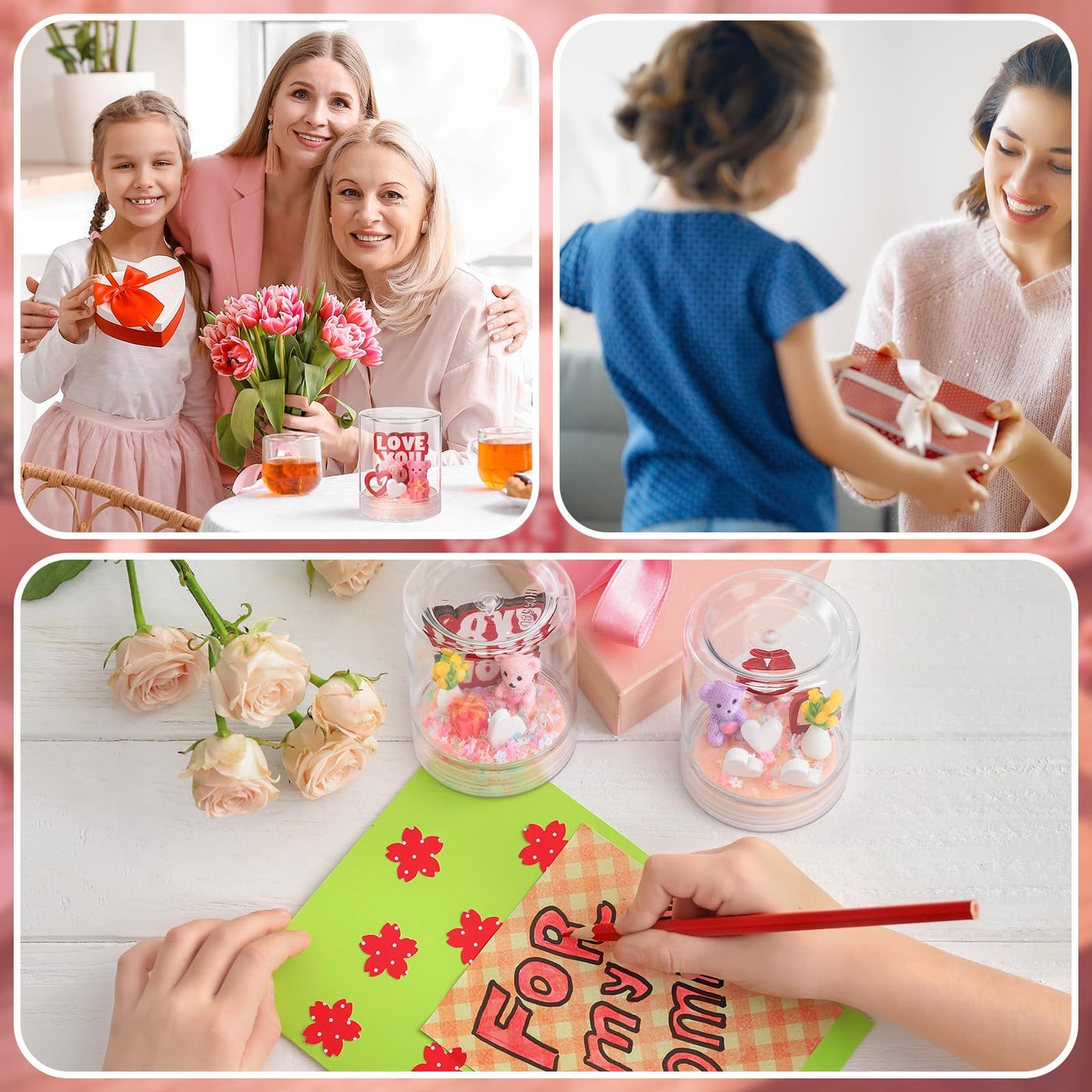 Sotiff 12 Sets Mother's Day Craft Bulk DIY Snow Globe Gift with Mini Resin Heart Bear Vase with Flower Figurines Gift Box 3D Love Heart Love You Mom Wooden Sign for Mom Birthday Classroom Activity
