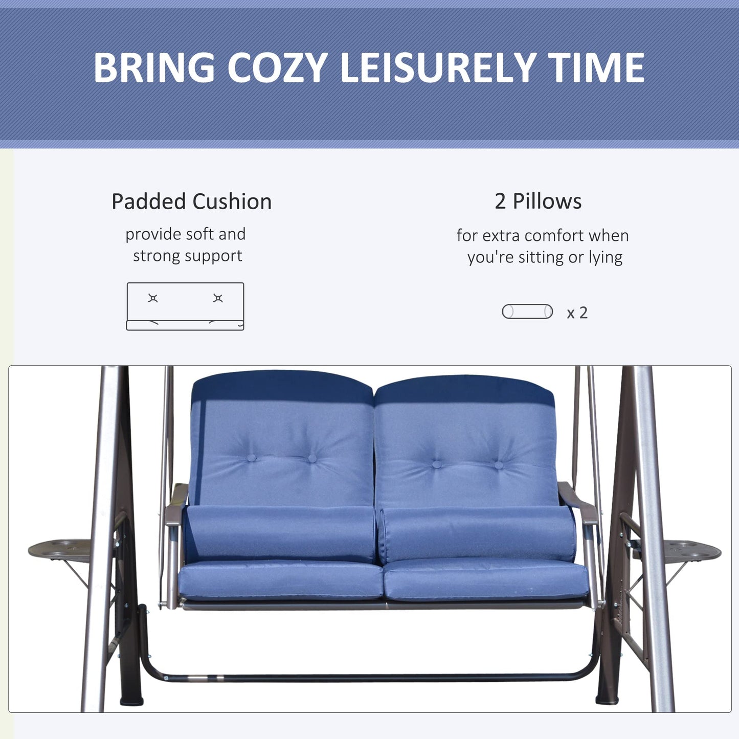 Outsunny 2-Person Patio Swing Bench with Adjustable Shade Canopy, Soft Cushions, Throw Pillows and Tray, Dark Blue