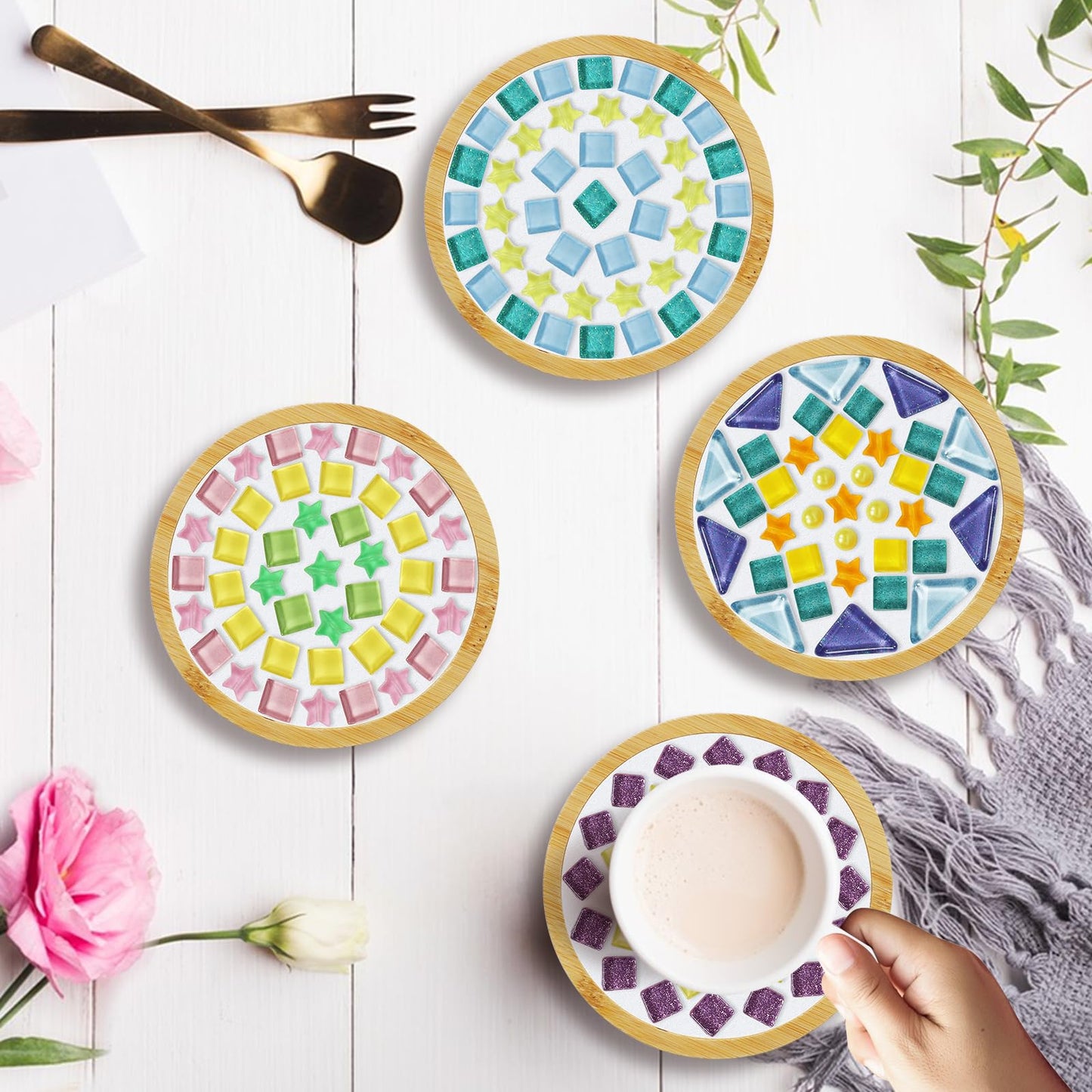 Tumwisk Mosaic Tiles, 4 Sets DIY Glass Mosaic Tiles for Crafts,4 Styles of DIY Mosaic Coaster Kit Material Package for Adults Handmade Home Table Desk Decoration Housewarming Present