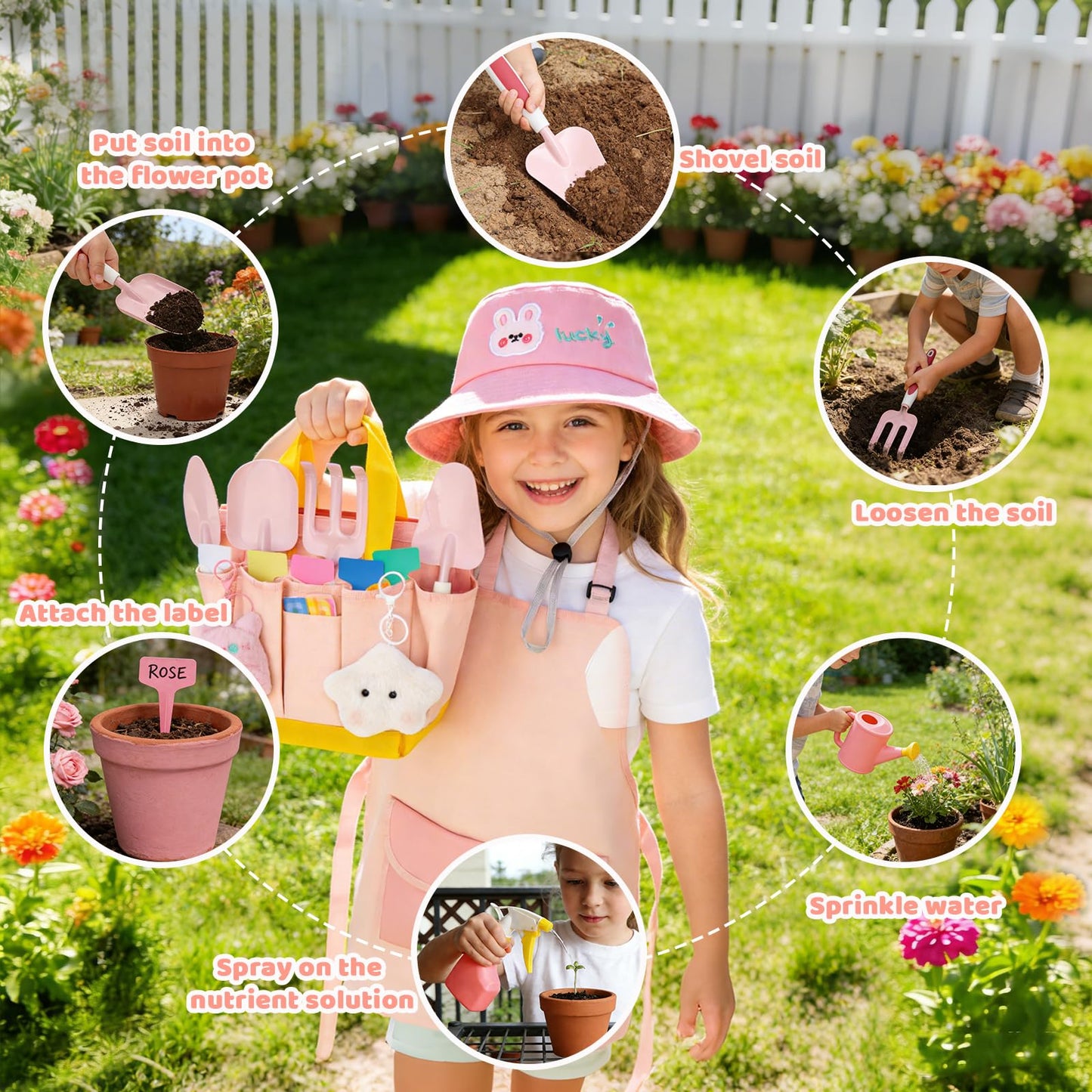 Kids Gardening Tools Set,Gardening Tools for Kids,Toddler Gardening Tools with Gloves, Watering Can, Metal Shovel, Rake, Spade & Storage Bag, Garden Book and More Educational STEM Learning for Girls