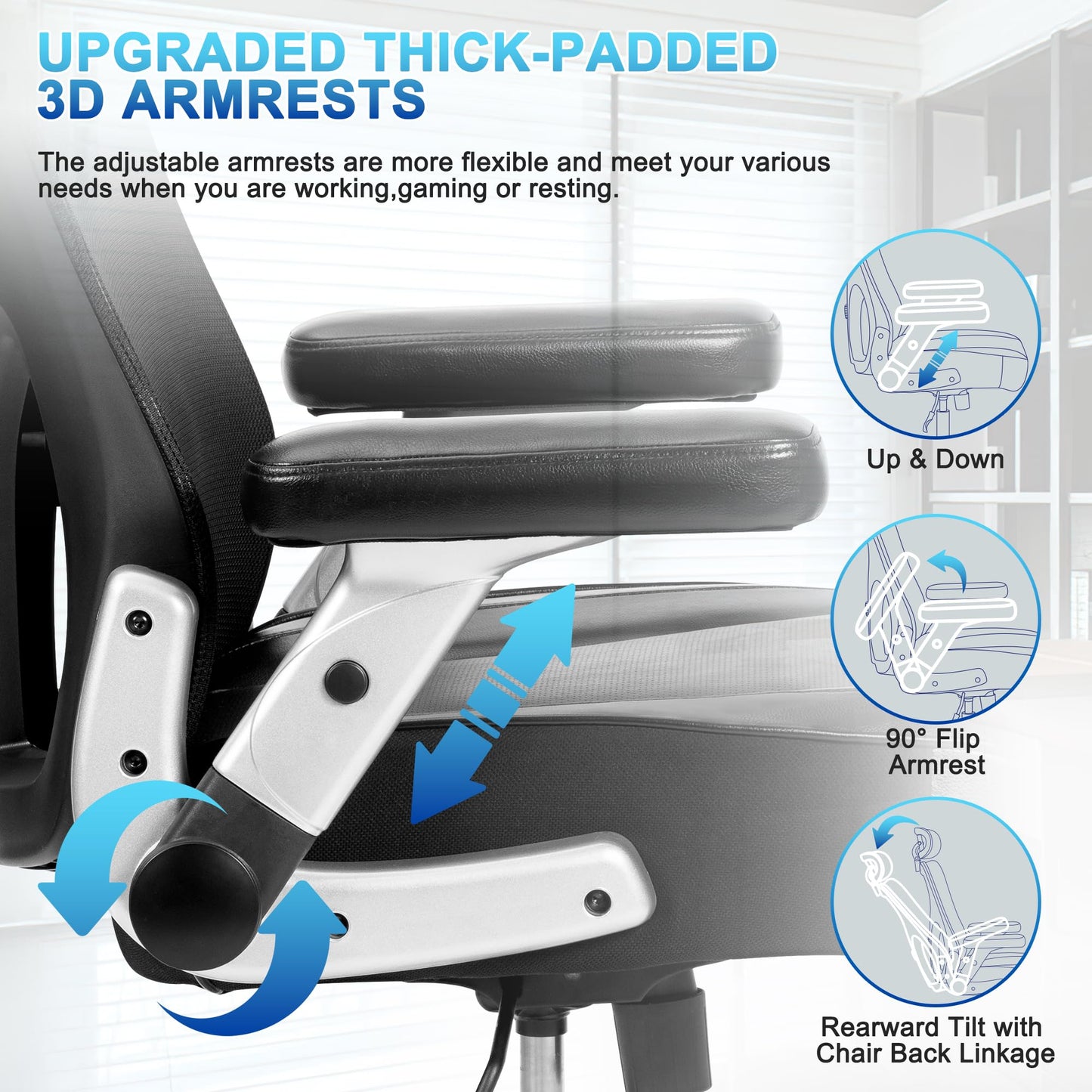 Big and Tall Office Chair 700lbs- Heavy Duty Executive Computer Chair with Rubber Wheels 3D Flip Arms, Ergonomic Mesh High Back Desk Chair, Extra Wide Seat Adjustable Lumbar Support & Headrest
