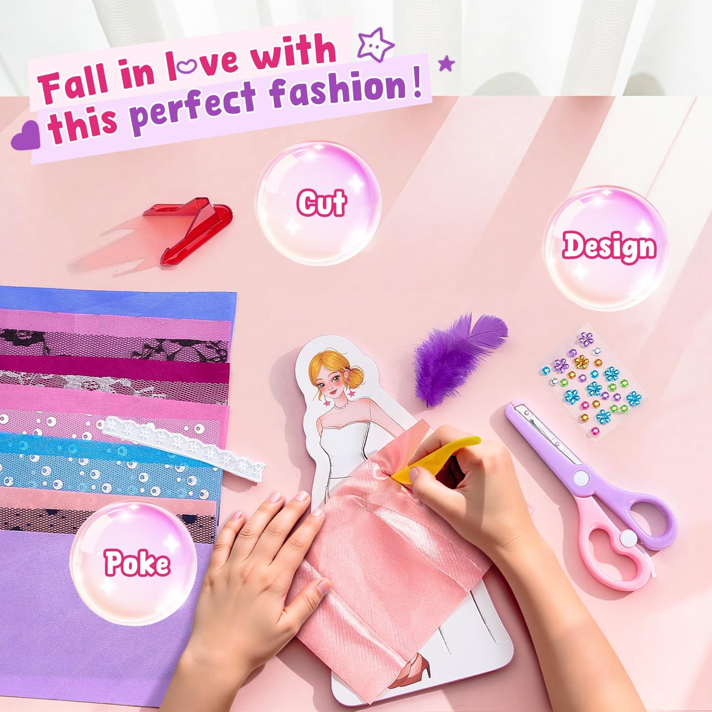 Poke-in Fashion Designer Kit for Girls, No-Sew DIY Craft Toys with 6 EVA Mannequins & Real Fabric, Safe & Non-Toxic Creative Dress Up Activity, Mess-Free Arts and Crafts Gift for Girls Age 5-12