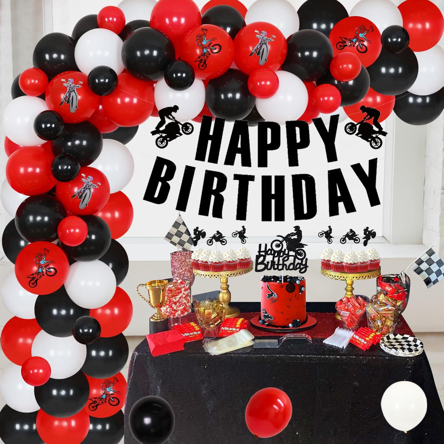 JOYMEMO Dirt Bike Birthday Decorations for Boys - Red Black Balloon Garland Arch Kit with Happy Birthday Banner Cake Topper, Motorcycle Cupcake Toppers for Motocross Theme Party Supplies