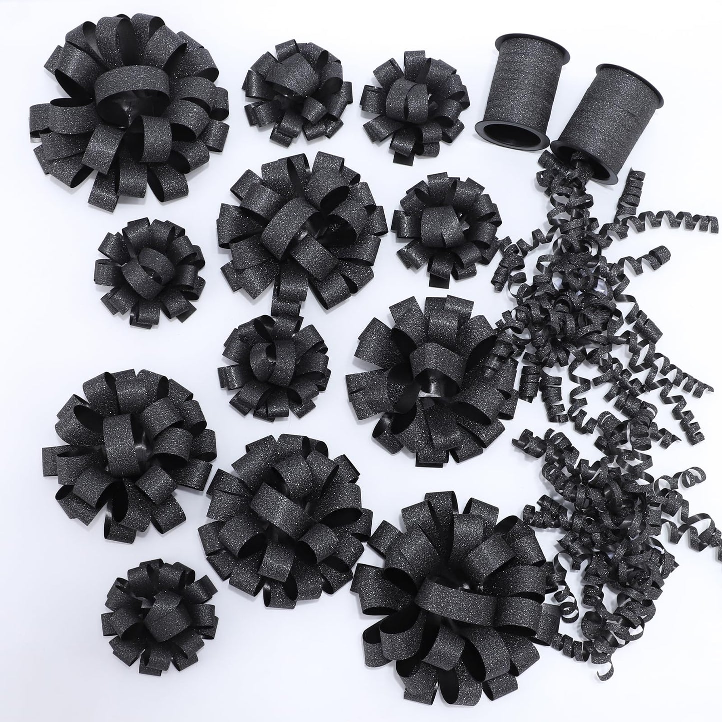 FORBINBO 16 Pcs Gift Bows Assortment - 4 Size Gift Bowsand 2 Crimped Curling Ribbons, Perfect for Christmas, Holiday，Birthdays, Weddings, Baby/Bridal Showers, Party (Black)
