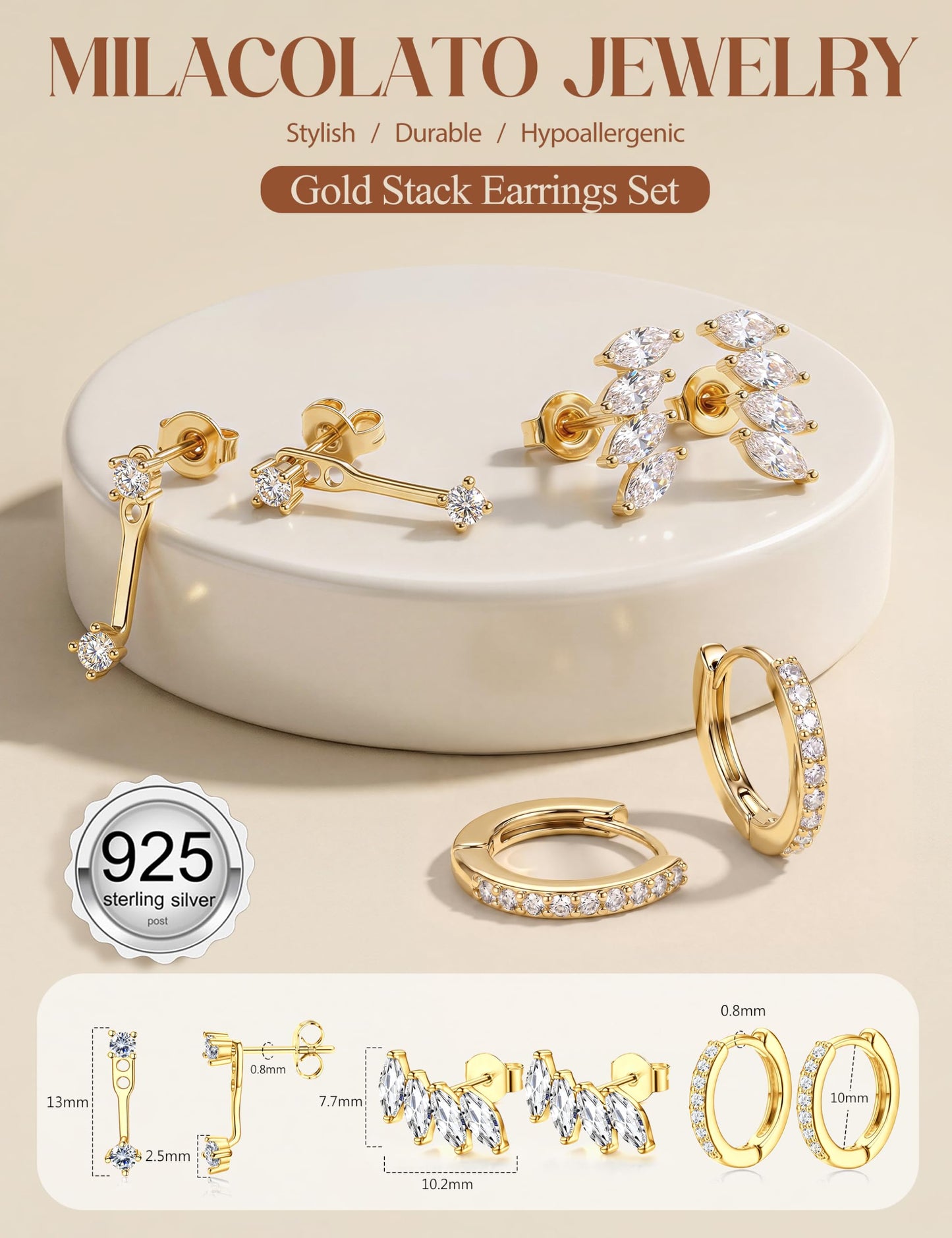 MILACOLATO 925 Sterling Silver Earrings for Women, 14K Gold Plated Small Huggie Hoop Earrings Sets for Multiple Piercing Hypoallergenic Jewelry, CZ Cartilage Earrings Stacks Trendy Jewelry Gifts, 3 Pairs-E