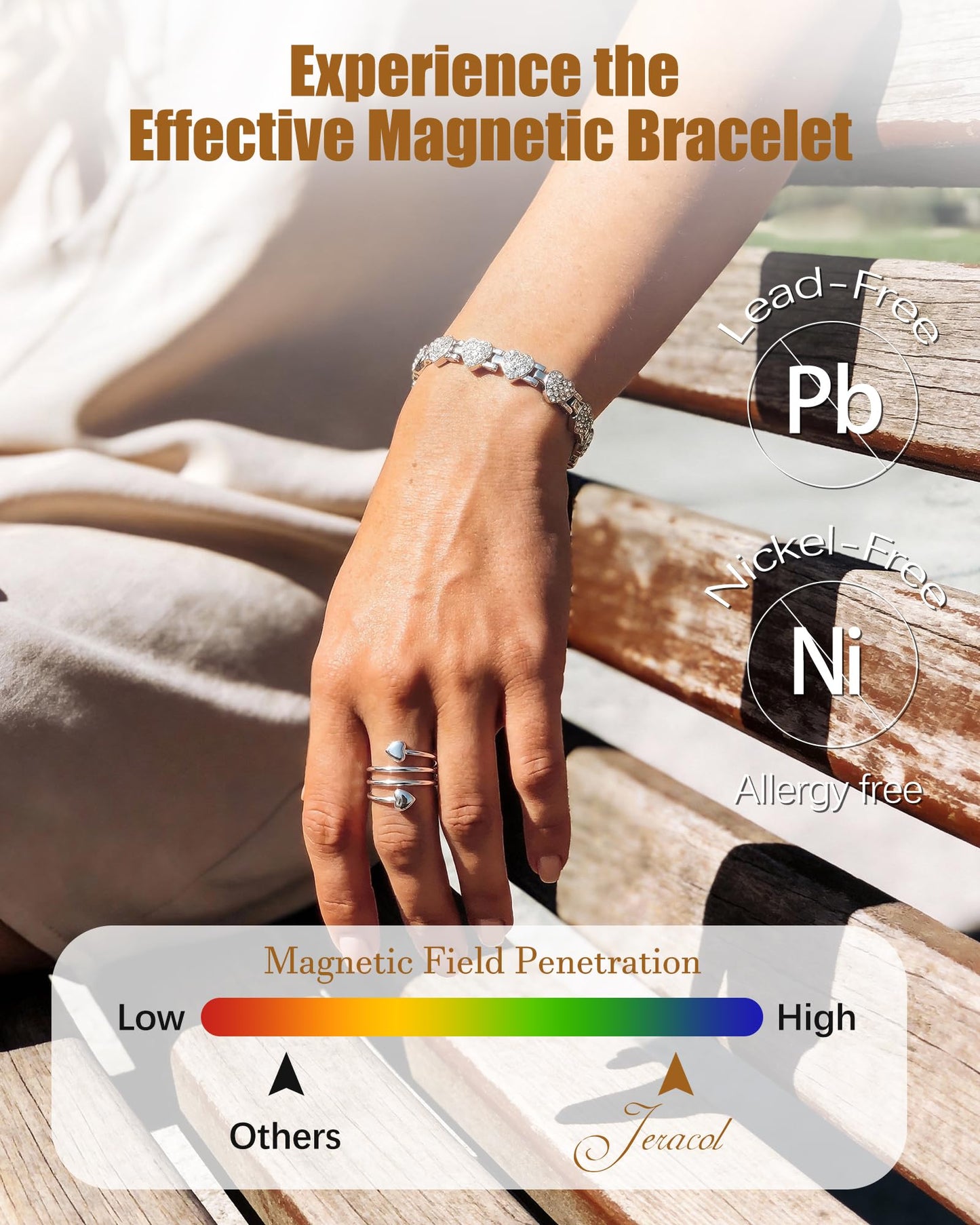 Jeracol Copper Bracelet & Ring for Women, Ultra Strength Magnetic Bracelet with 3800 Gauss Neodymium Magnets, Heart & Crystal Diamonds, Adjustable Tools and Jewelry Gift Box(Silver)